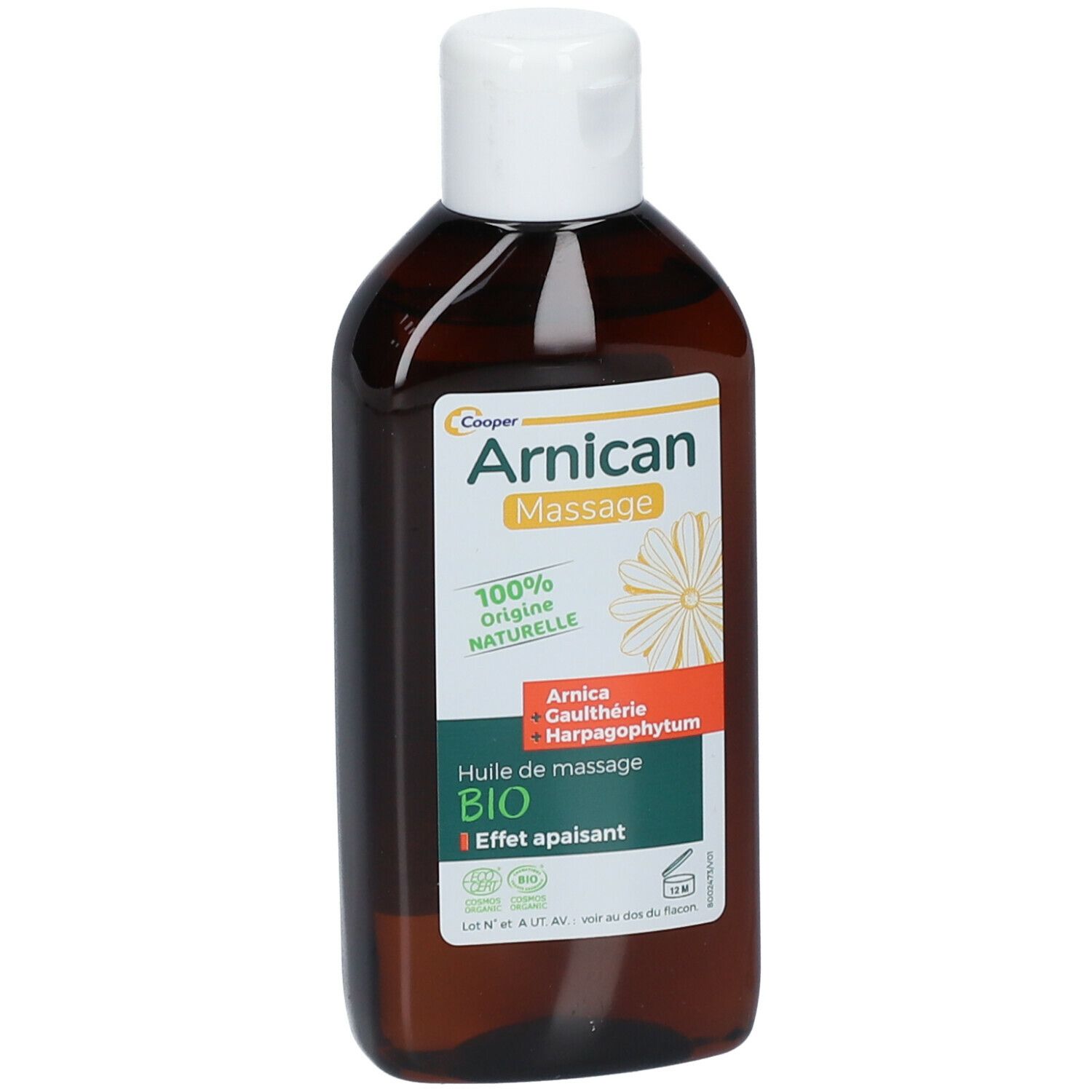 Braune Flasche mit weißem Deckel. Etikett "Arnican Massage BIO".