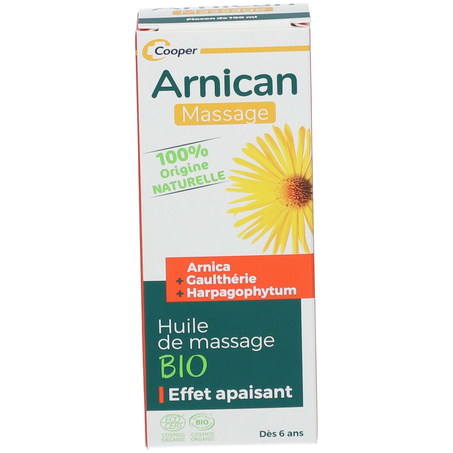 Verpackung. Weiß, grün, gelb. Text: "Arnican Massage BIO".