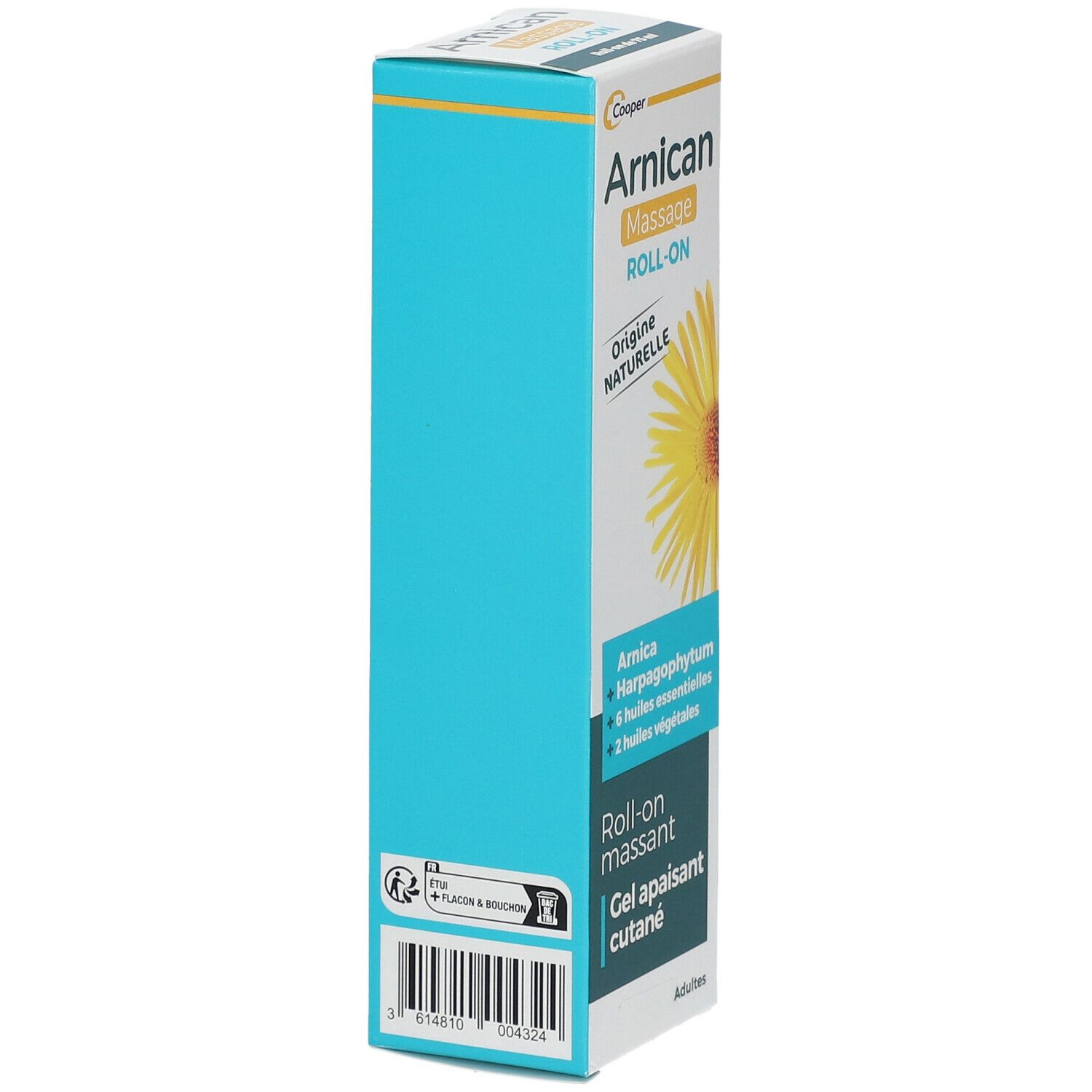 Arnicactiv Roll-On-Verpackung, Seitenansicht. Blau und weiß. Barcode und Recycling-Symbole. Text: Arnicactiv Massage Roll-On.