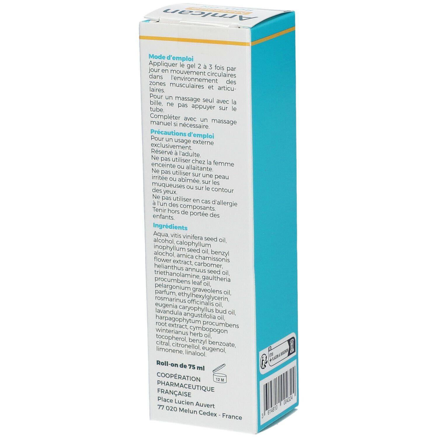 Arnicactiv Roll-On-Verpackung, Seitenansicht. Text: Anwendung, Inhaltsstoffe, Roll-on de 75 ml. Adresse des Herstellers.