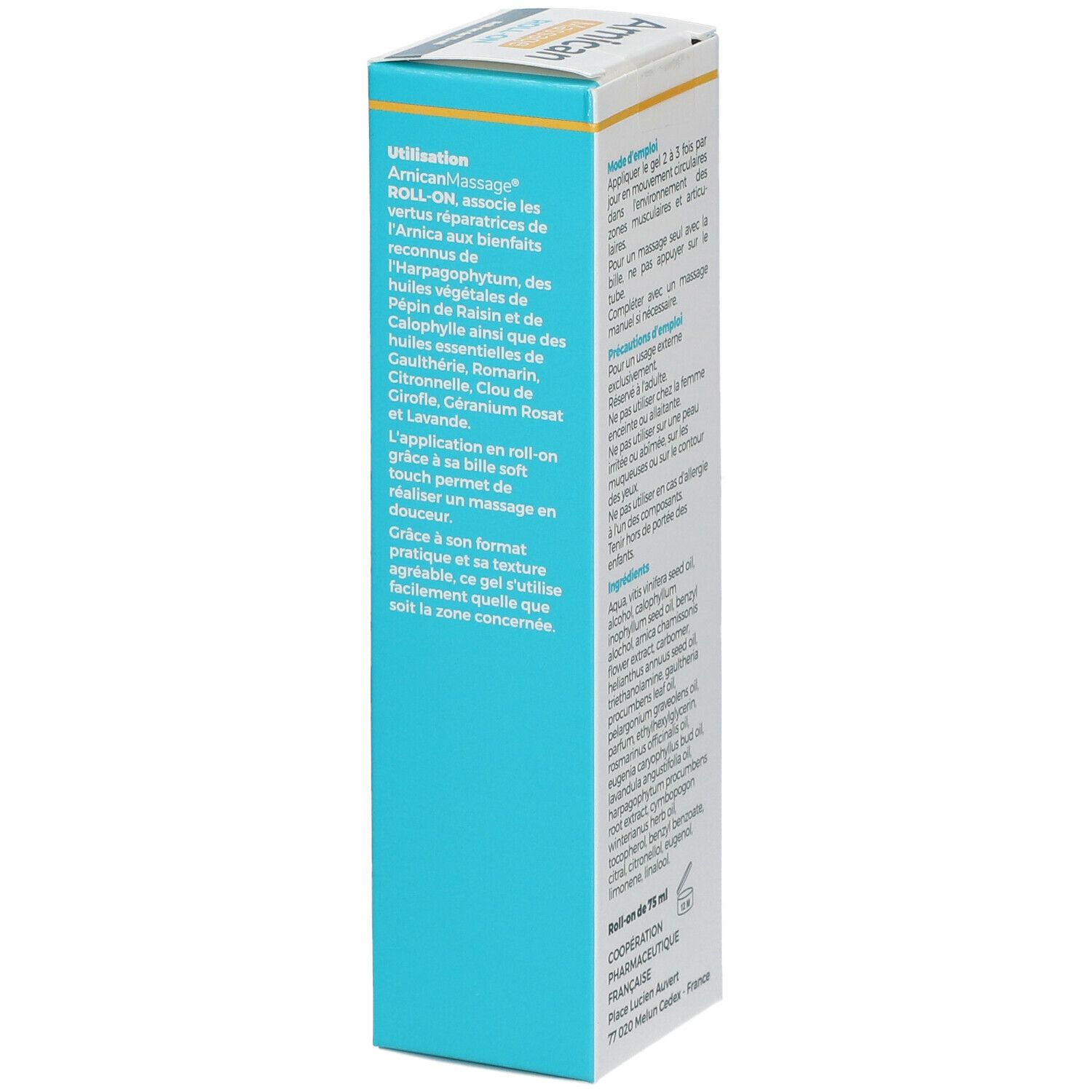 Arnicactiv Roll-On-Verpackung, Seitenansicht. Text: Anwendung, Inhaltsstoffe, Roll-on de 75 ml. Adresse des Herstellers.