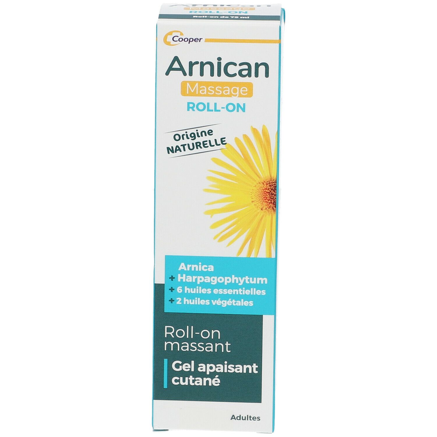 Arnicactiv Roll-On-Verpackung. Weiß, blau und gelb. Text: Arnicactiv Massage Roll-On, Origine Naturelle, Gel apaisant cutané.