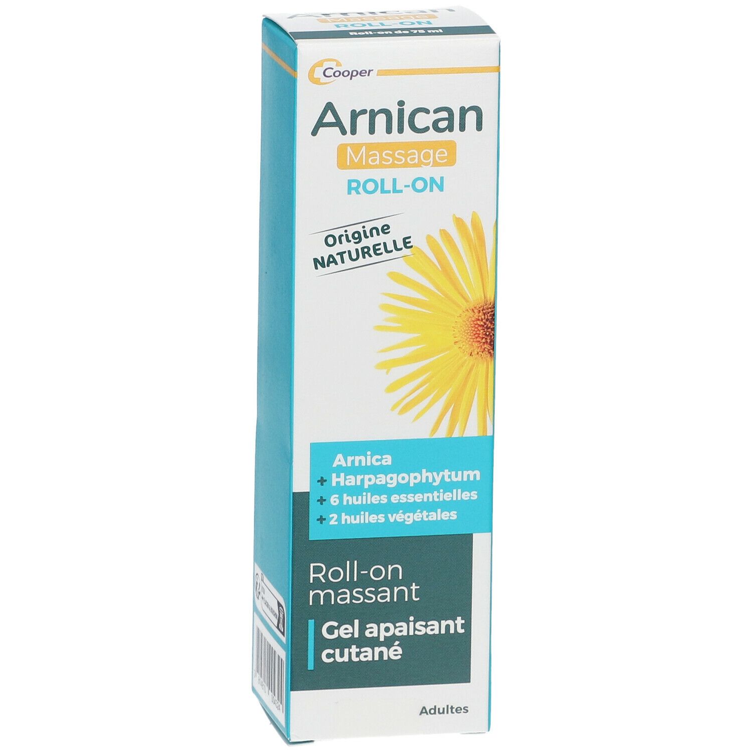 Arnicactiv Roll-On-Verpackung. Weiß, blau und gelb. Text: Arnicactiv Massage Roll-On, Origine Naturelle, Gel apaisant cutané.
