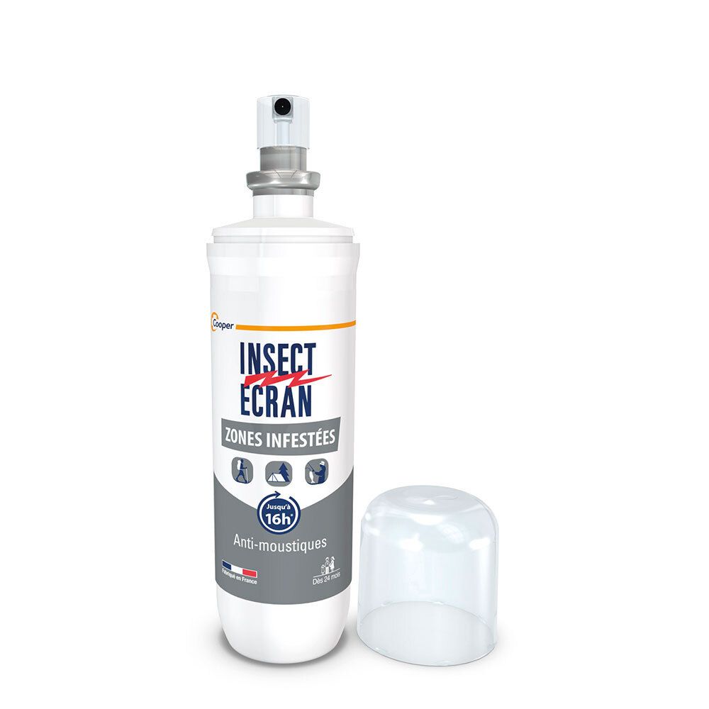 Spray INSECT ECRAN avec bouchon. Anti-moustiques zones infestées. Flacon blanc.