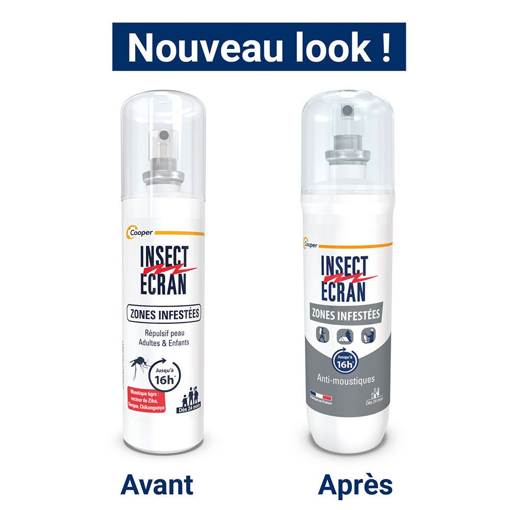 Deux sprays INSECT ECRAN. Gauche : ancien design. Droite : nouveau design. Anti-moustiques.