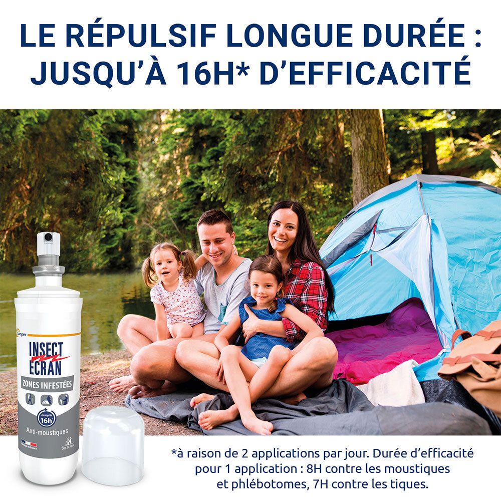 Spray INSECT ECRAN et famille en extérieur. Jusqu'à 16h d'efficacité.