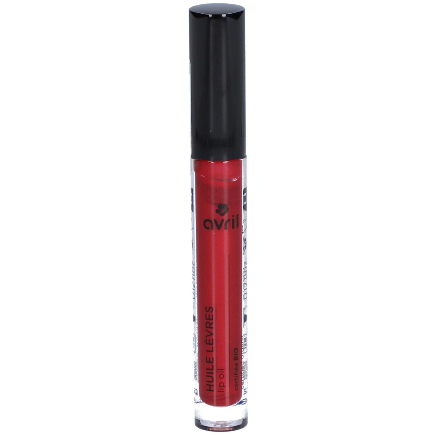 Rotes Lippenöl in einer transparenten Tube mit schwarzem Deckel. Aufschrift: AVRIL, Huile Lèvres.