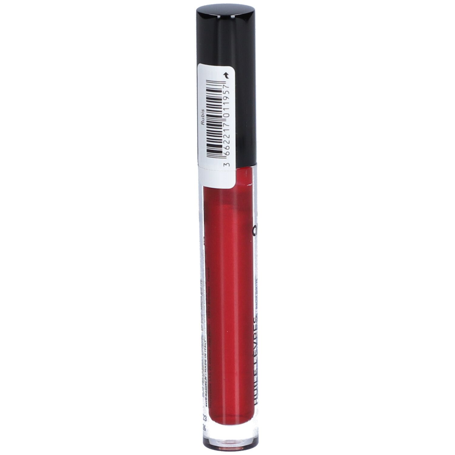 Rotes Lippenöl in einer transparenten Tube mit schwarzem Deckel. Auf der Rückseite Barcode und Text.