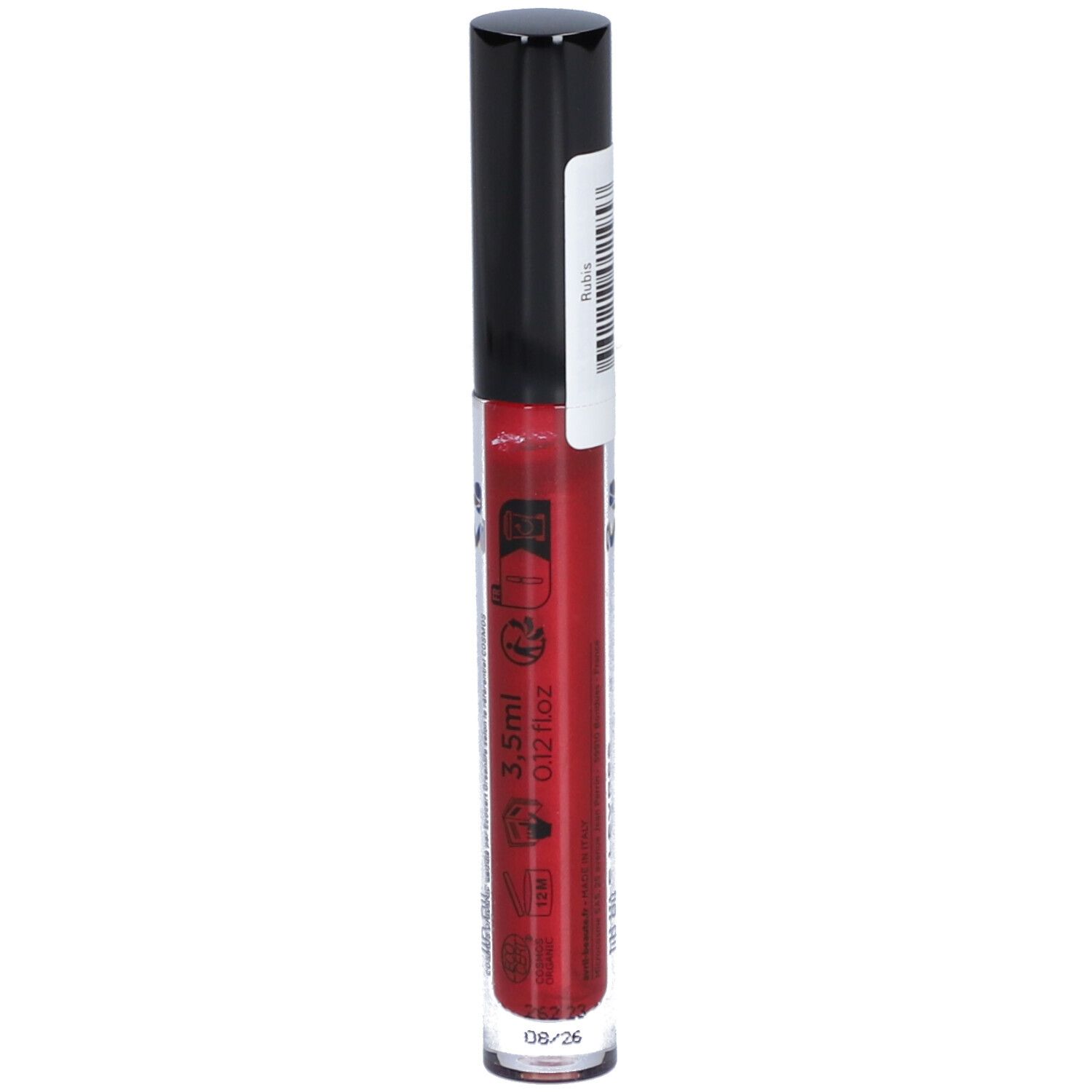 Rotes Lippenöl in einer transparenten Tube mit schwarzem Deckel. Aufschrift: 3,5ml, 0.12 fl oz, Rubis.