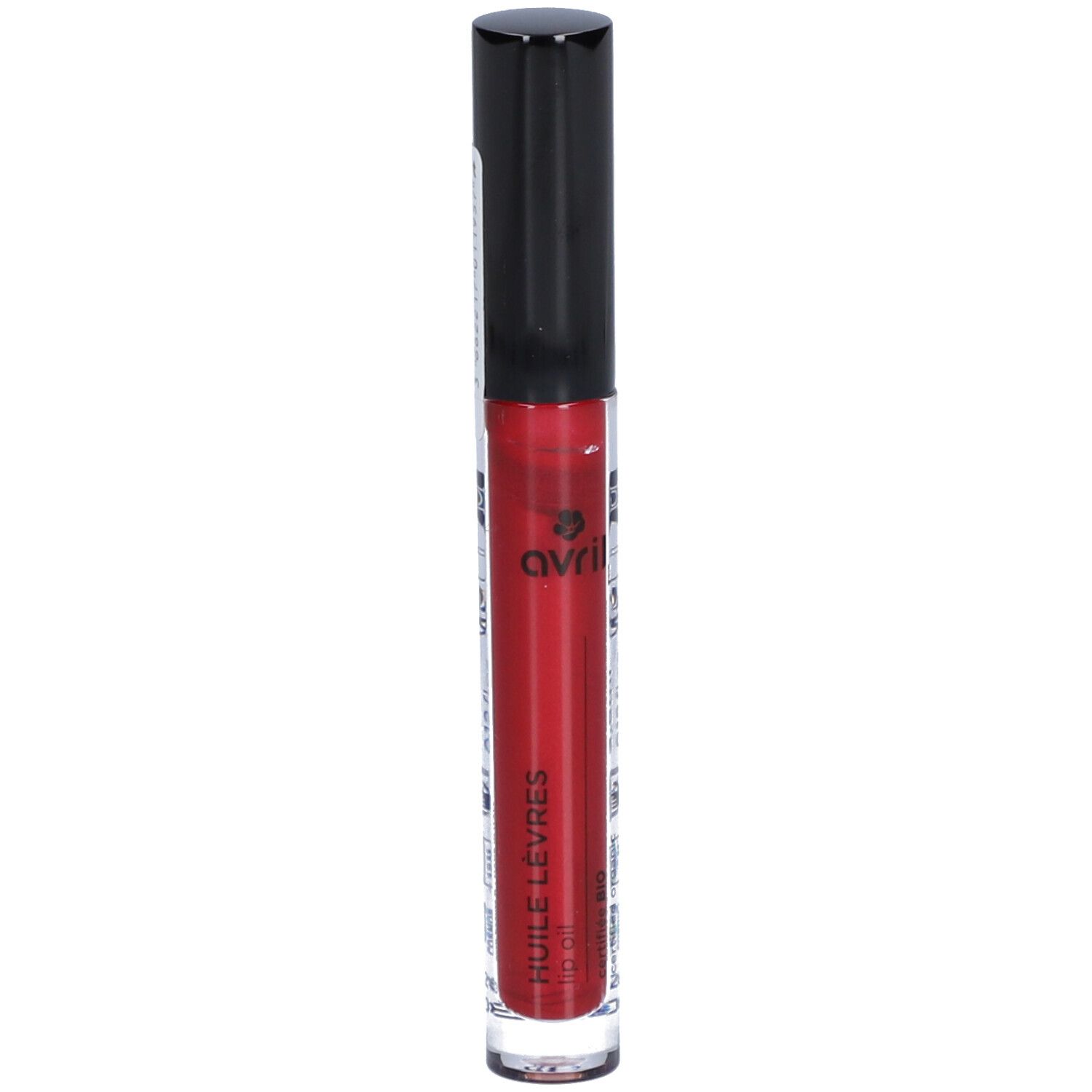 Rotes Lippenöl in einer transparenten Tube mit schwarzem Deckel. Aufschrift: AVRIL, Huile Lèvres.