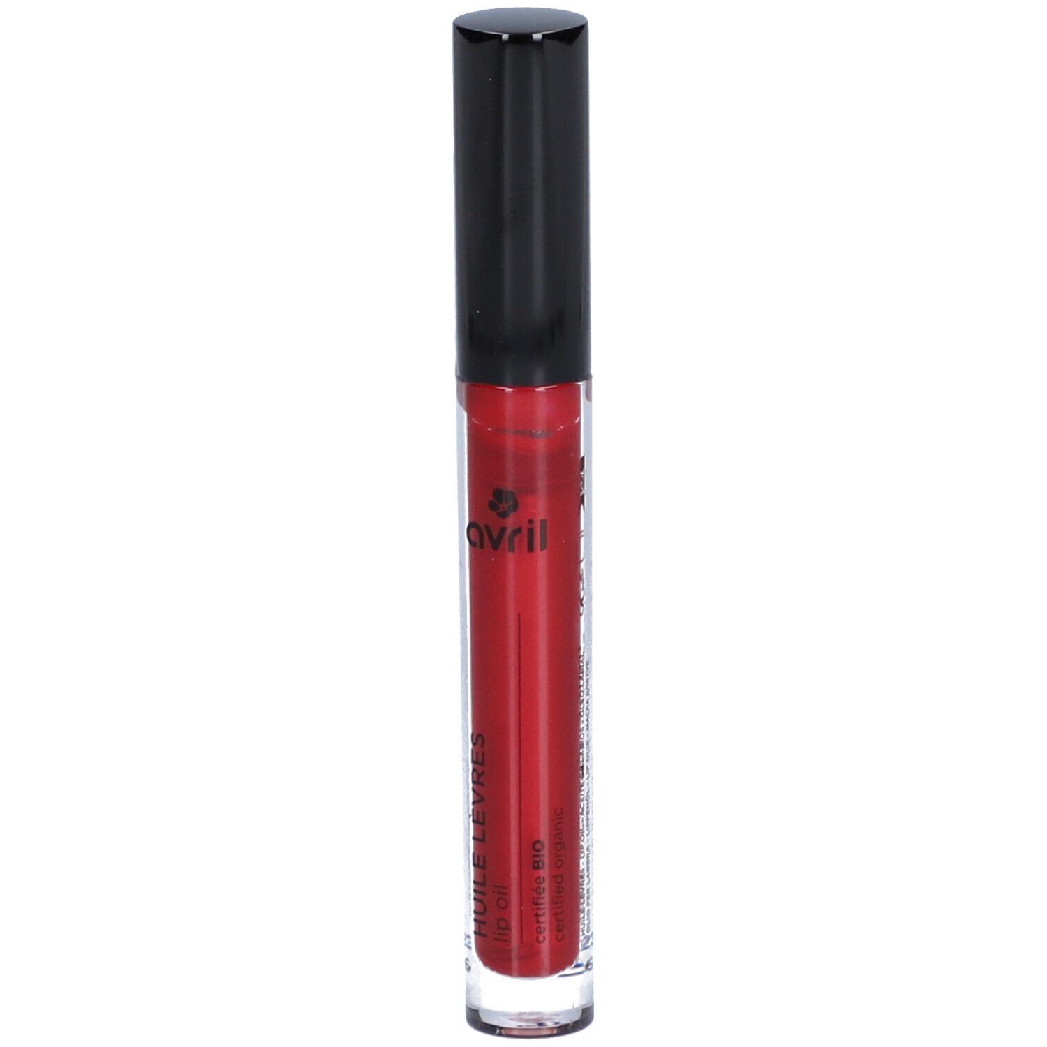 Rotes Lippenöl in einer transparenten Tube mit schwarzem Deckel. Aufschrift: AVRIL, Huile Lèvres, Certified BIO.