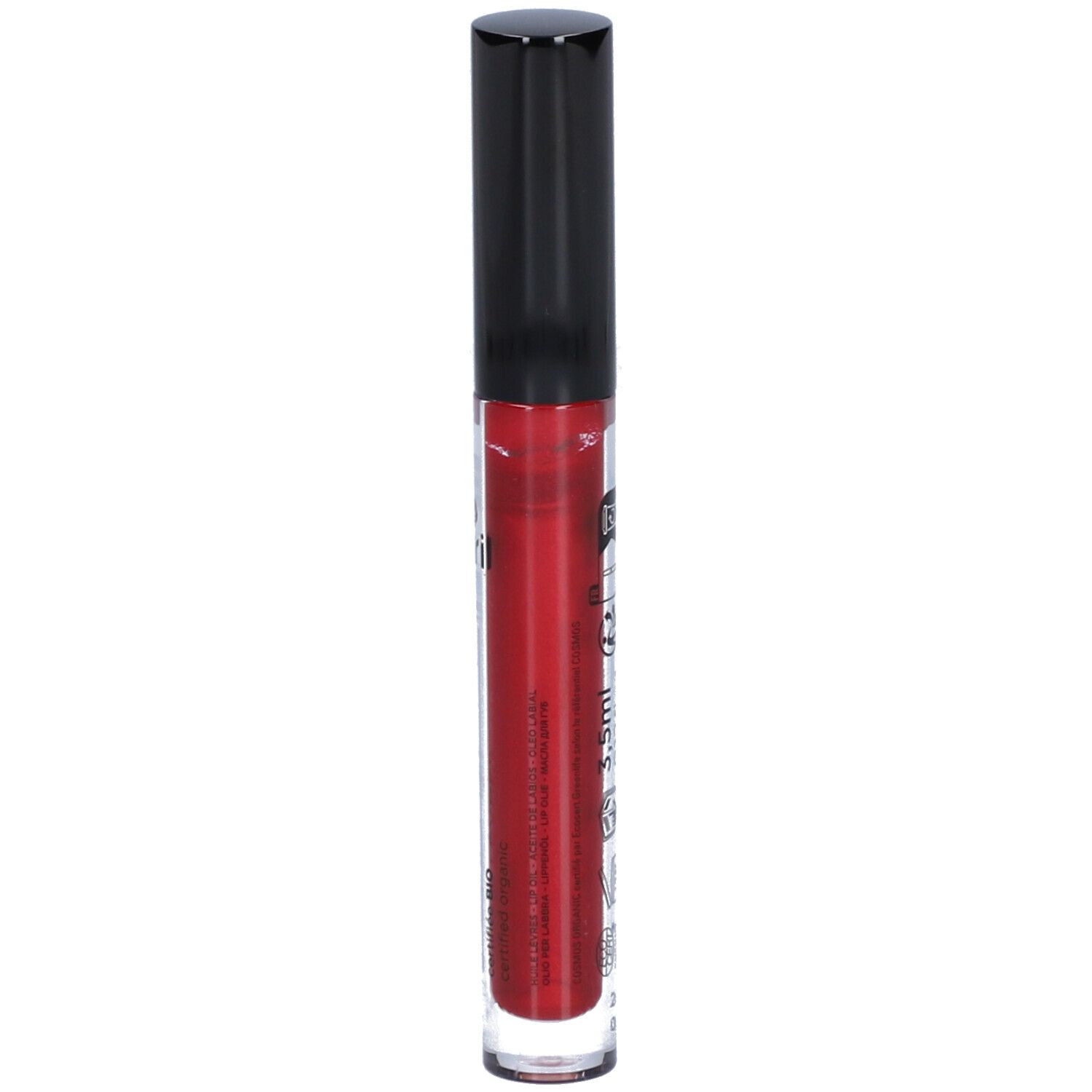 Rotes Lippenöl in einer transparenten Tube mit schwarzem Deckel. Aufschrift: AVRIL, Huile Lèvres, 3,5ml.