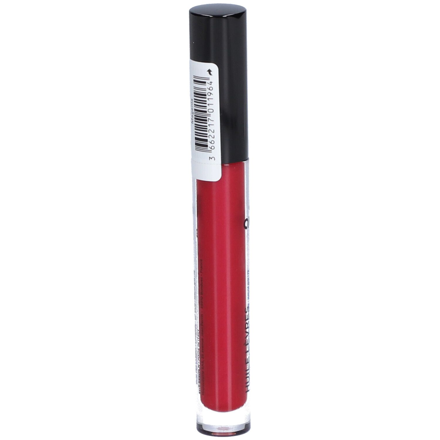 Rotes Lippenöl-Fläschchen mit schwarzem Deckel. Barcode auf der Rückseite.