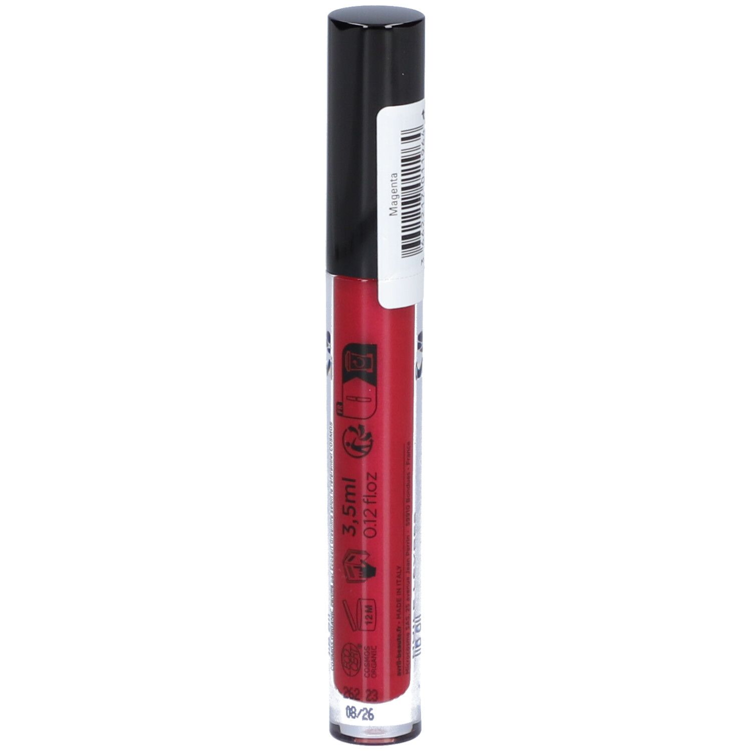 Rotes Lippenöl-Fläschchen mit schwarzem Deckel. Aufschrift: 3,5ml, 0121DZ, 06/26.