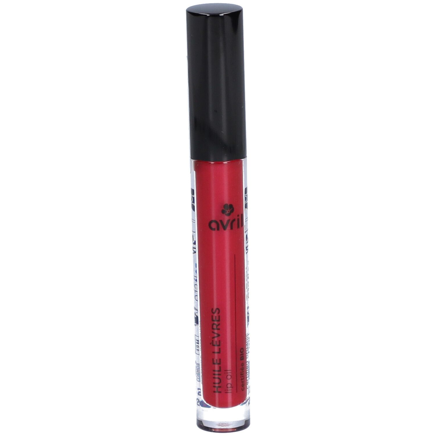 Rotes Lippenöl-Fläschchen mit schwarzem Deckel. Aufschrift: AVRIL, Huile Lèvres.