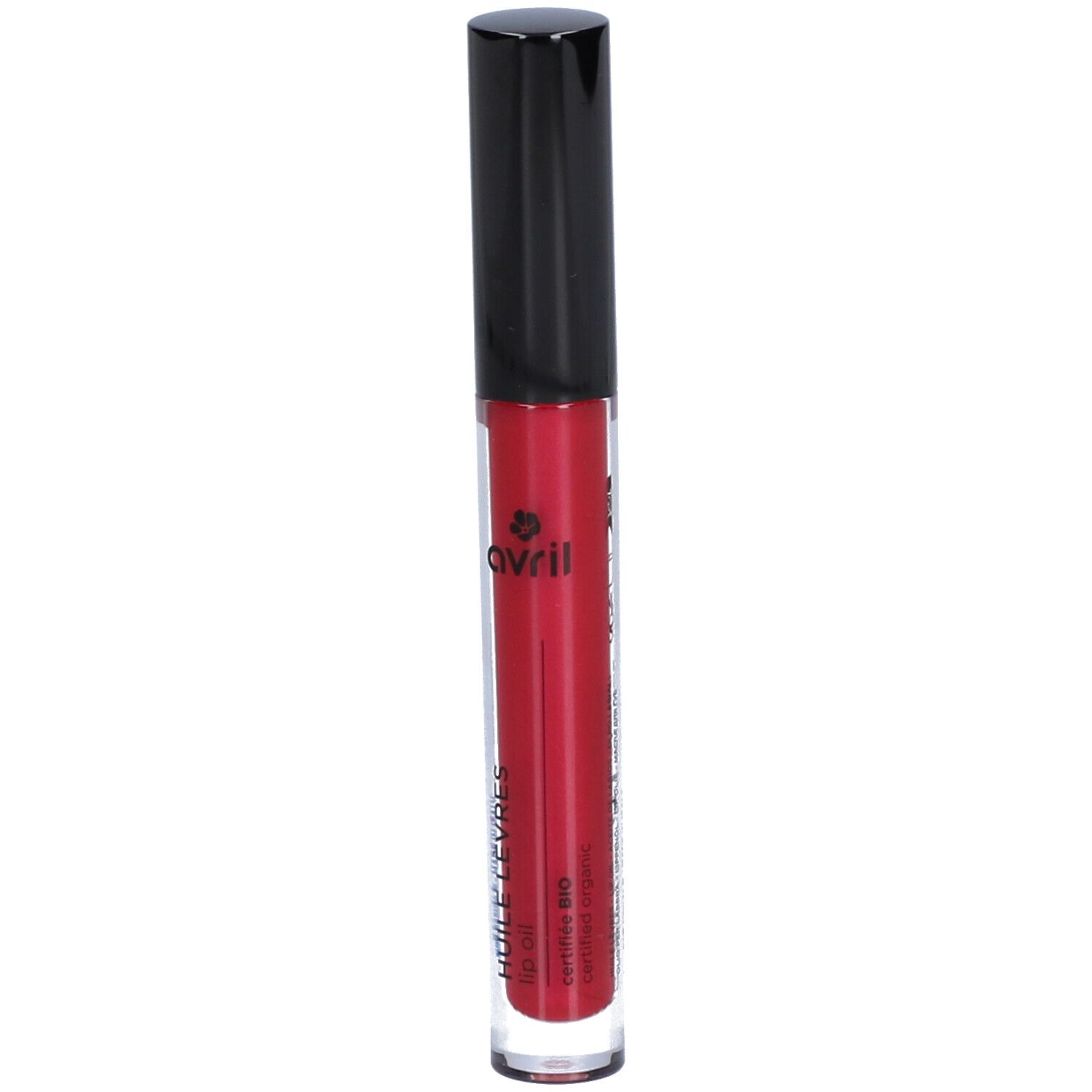 Rotes Lippenöl-Fläschchen mit schwarzem Deckel. Aufschrift: AVRIL, Huile Lèvres, Certifié Bio.