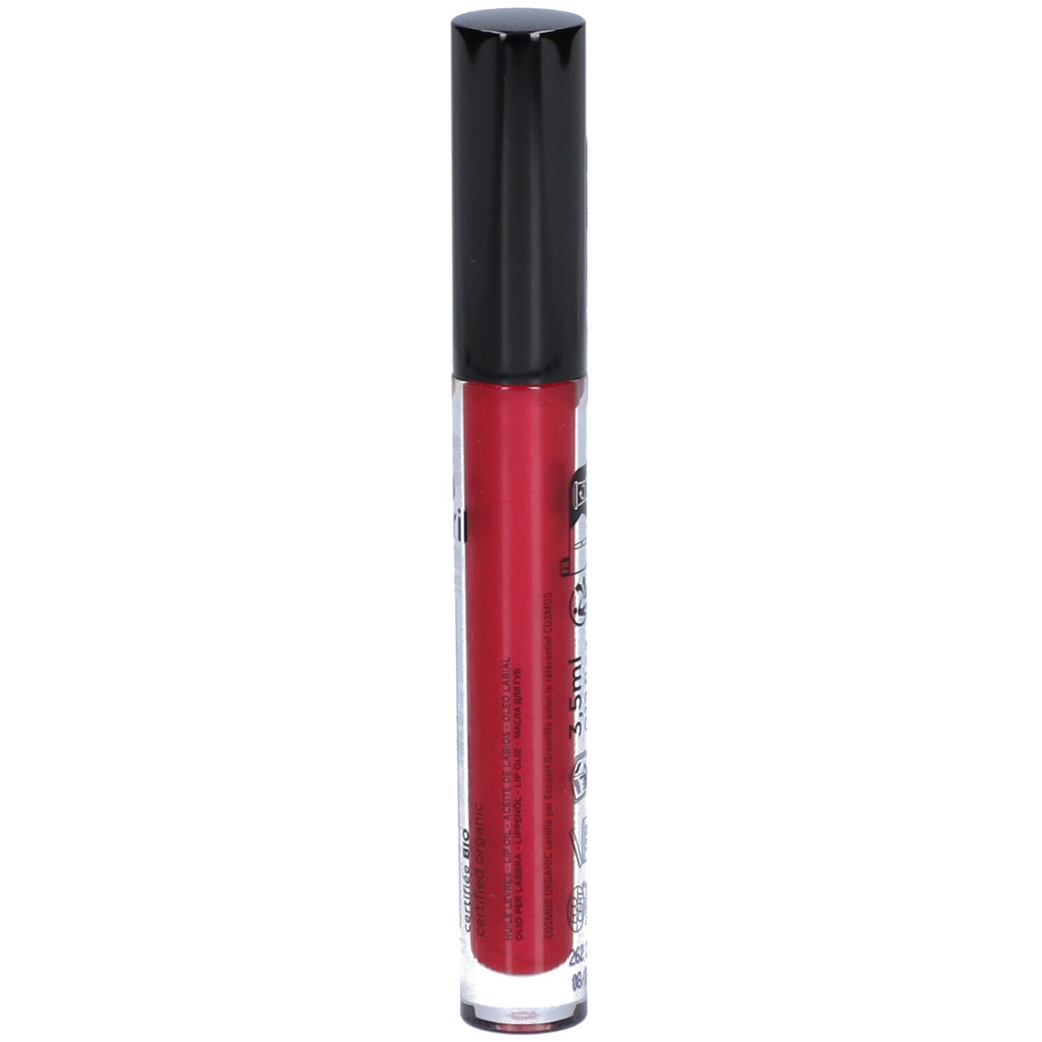 Rotes Lippenöl-Fläschchen mit schwarzem Deckel. Aufschrift: 3,5ml.
