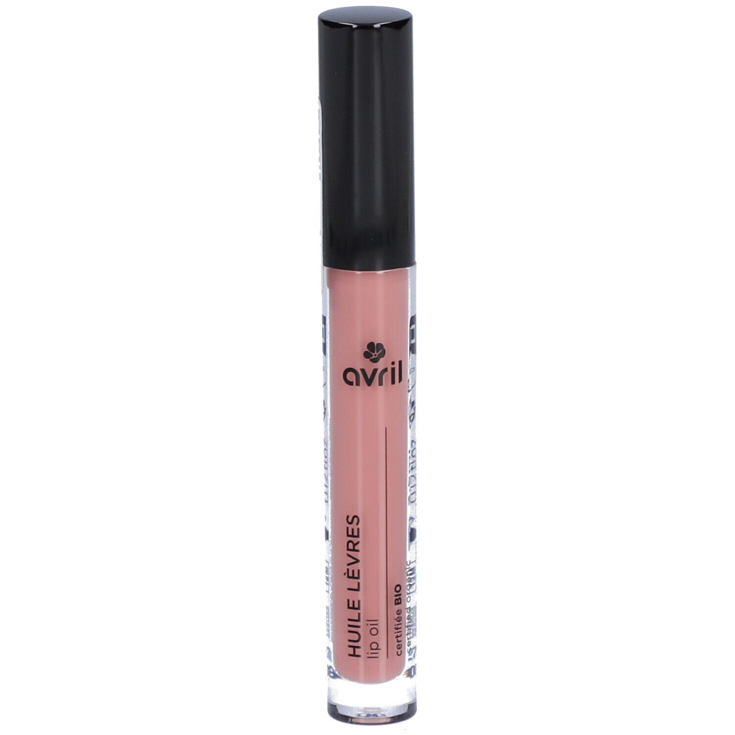 Lippenöl in transparenter Tube mit schwarzem Deckel. Aufschrift: Huile Lèvres, zertifiziertes Bio.