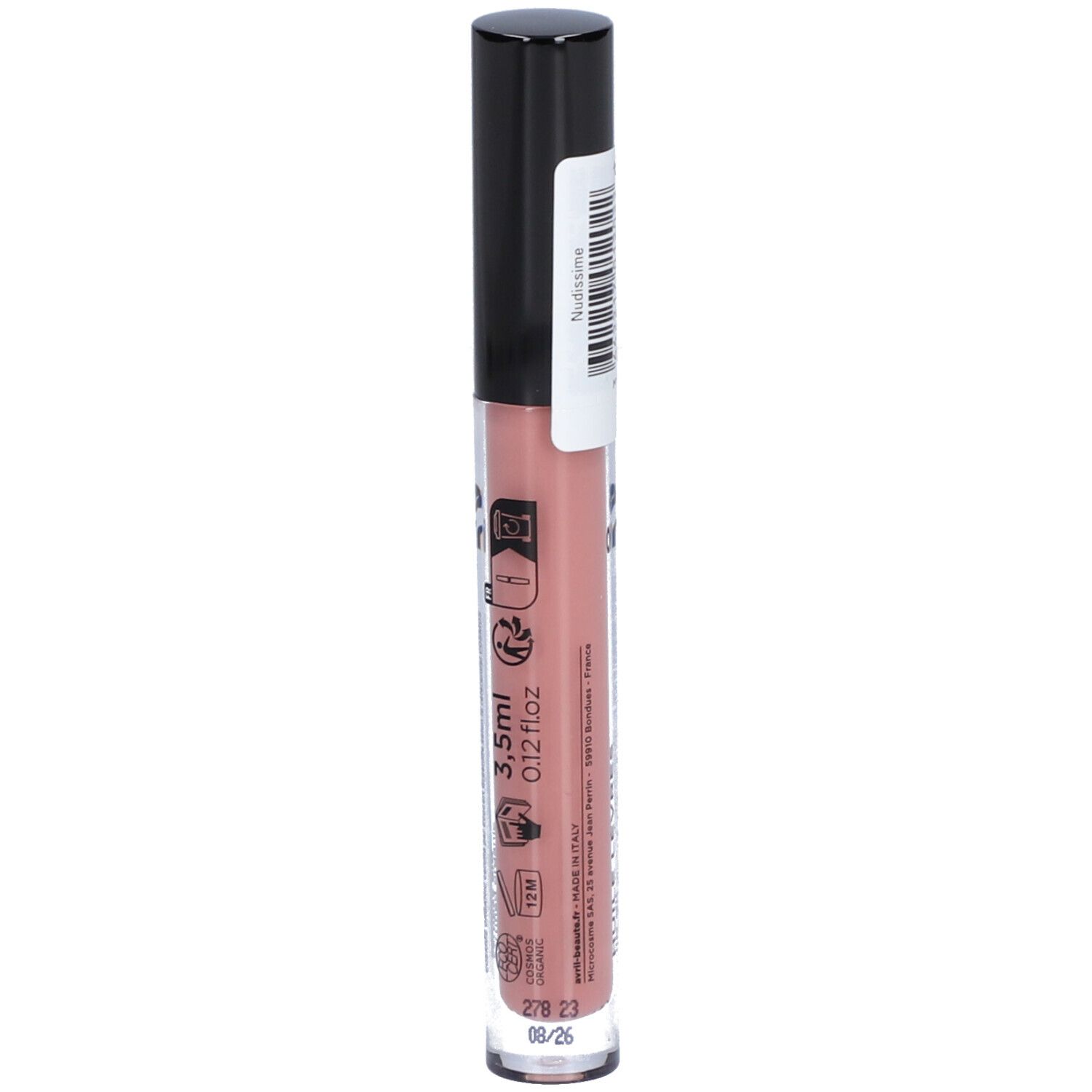 Lippenöl in transparenter Tube mit schwarzem Deckel. Aufschrift: 3,5ml, 0.12 fl oz. Haltbarkeitsdatum.