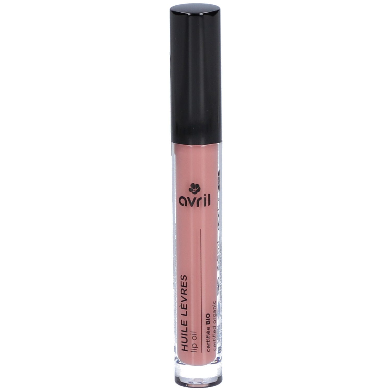 Lippenöl in transparenter Tube mit schwarzem Deckel. Aufschrift: Huile Lèvres, zertifiziertes Bio. Marke: avril.