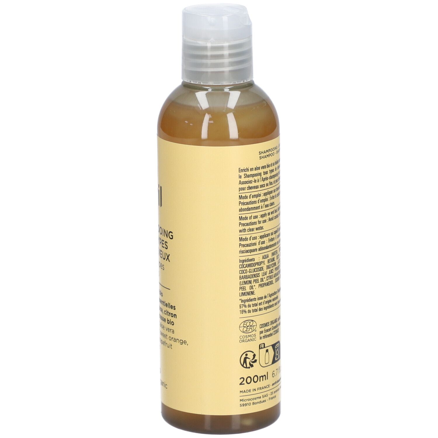 Dos du flacon de shampooing. Texte: ingrédients, mode d'emploi, certification bio, 200ml.
