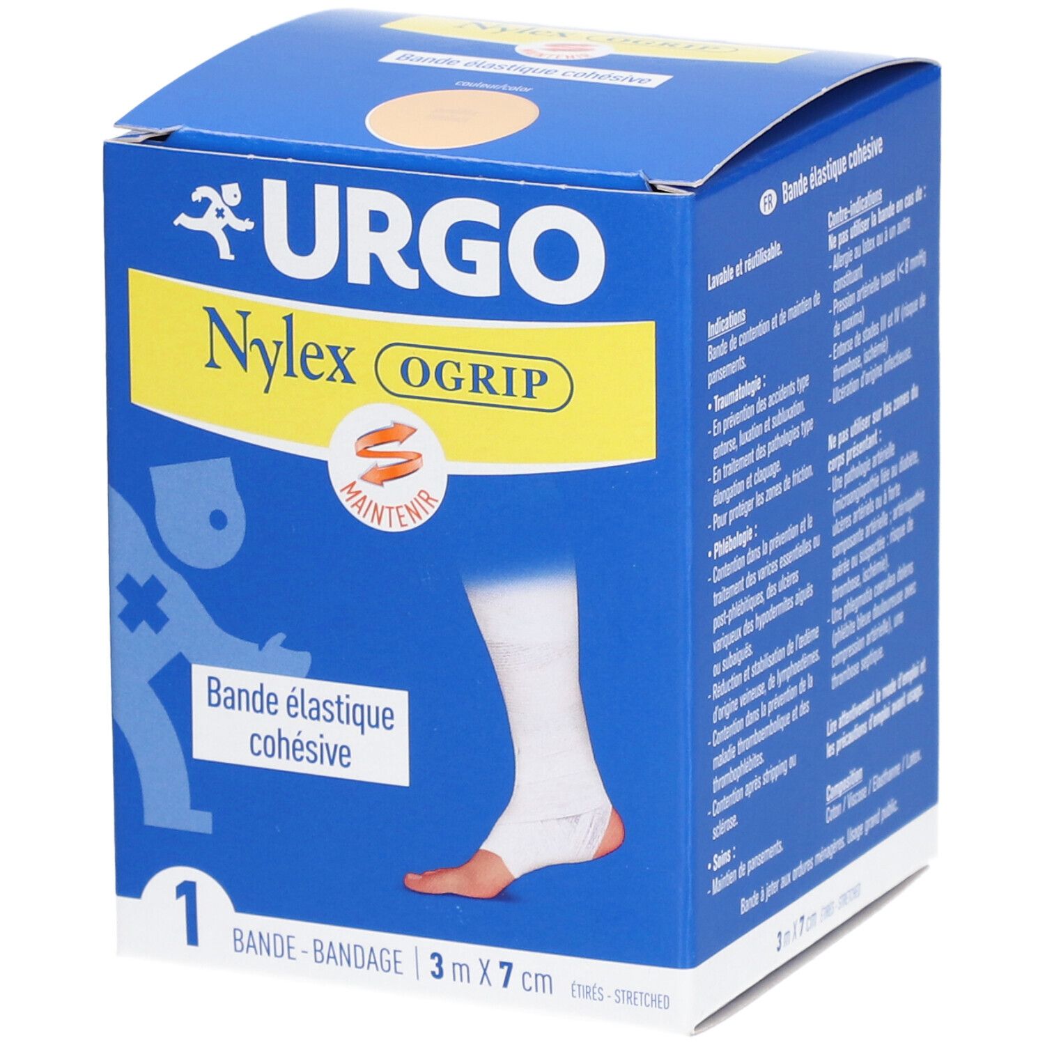 Boîte bleue et blanche. Inscription: URGO Nylex OGrip, bandage élastique cohésif, 3 m x 7 cm. Illustration d'une cheville bandée.