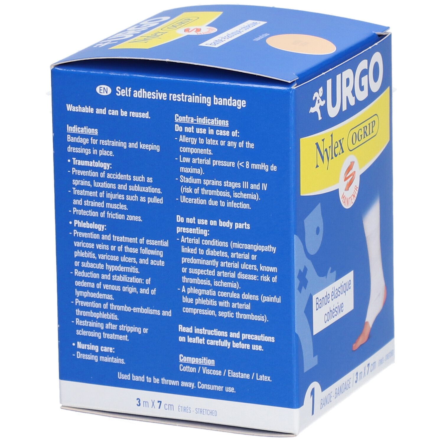 Boîte bleue avec texte. Inscription: URGO Nylex OGrip, bandage auto-adhésif. Contient des informations sur les indications et contre-indications.