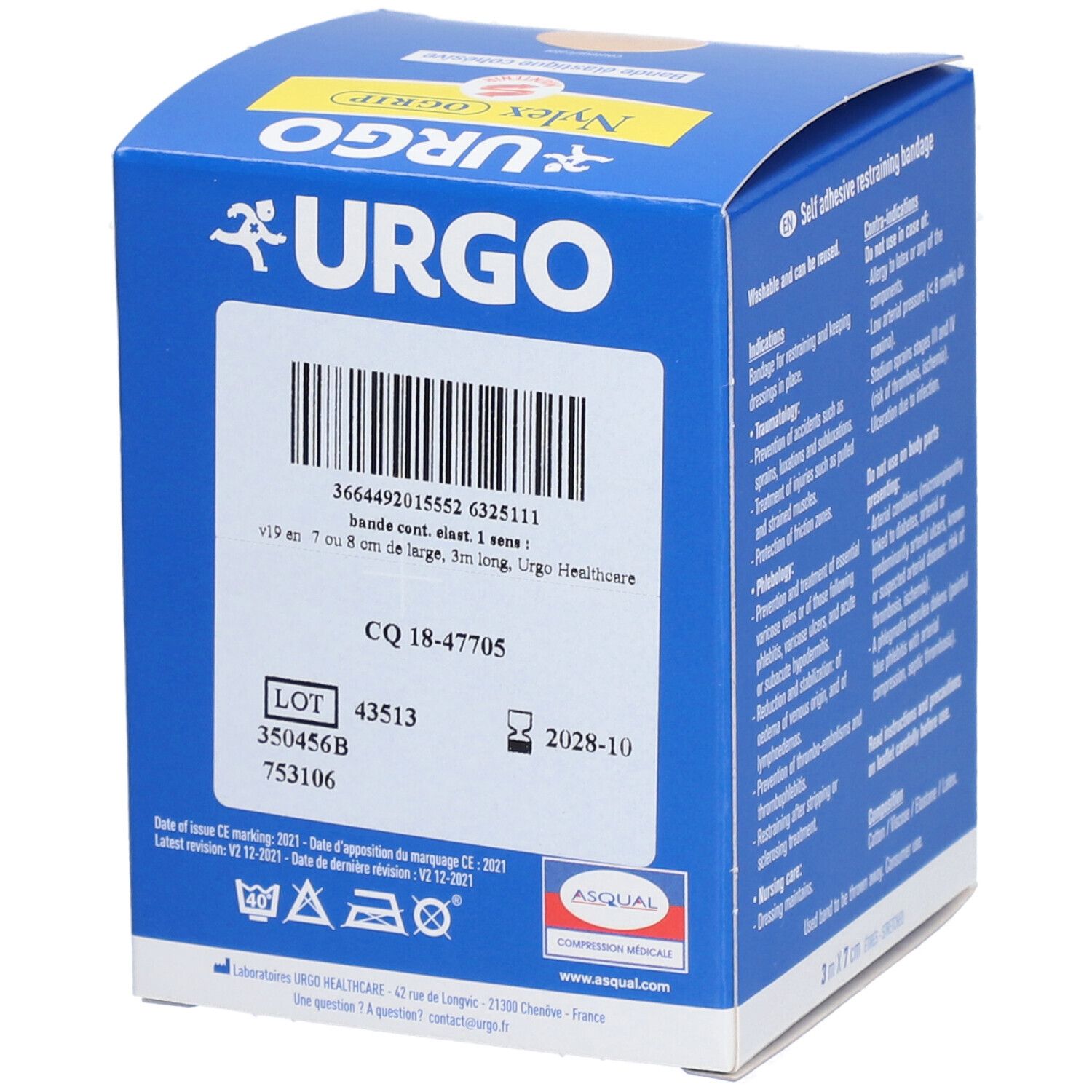 Boîte bleue avec code-barres et texte. Inscription: URGO Nylex OGrip. Contient des informations sur le numéro de lot, la durabilité et le fabricant.