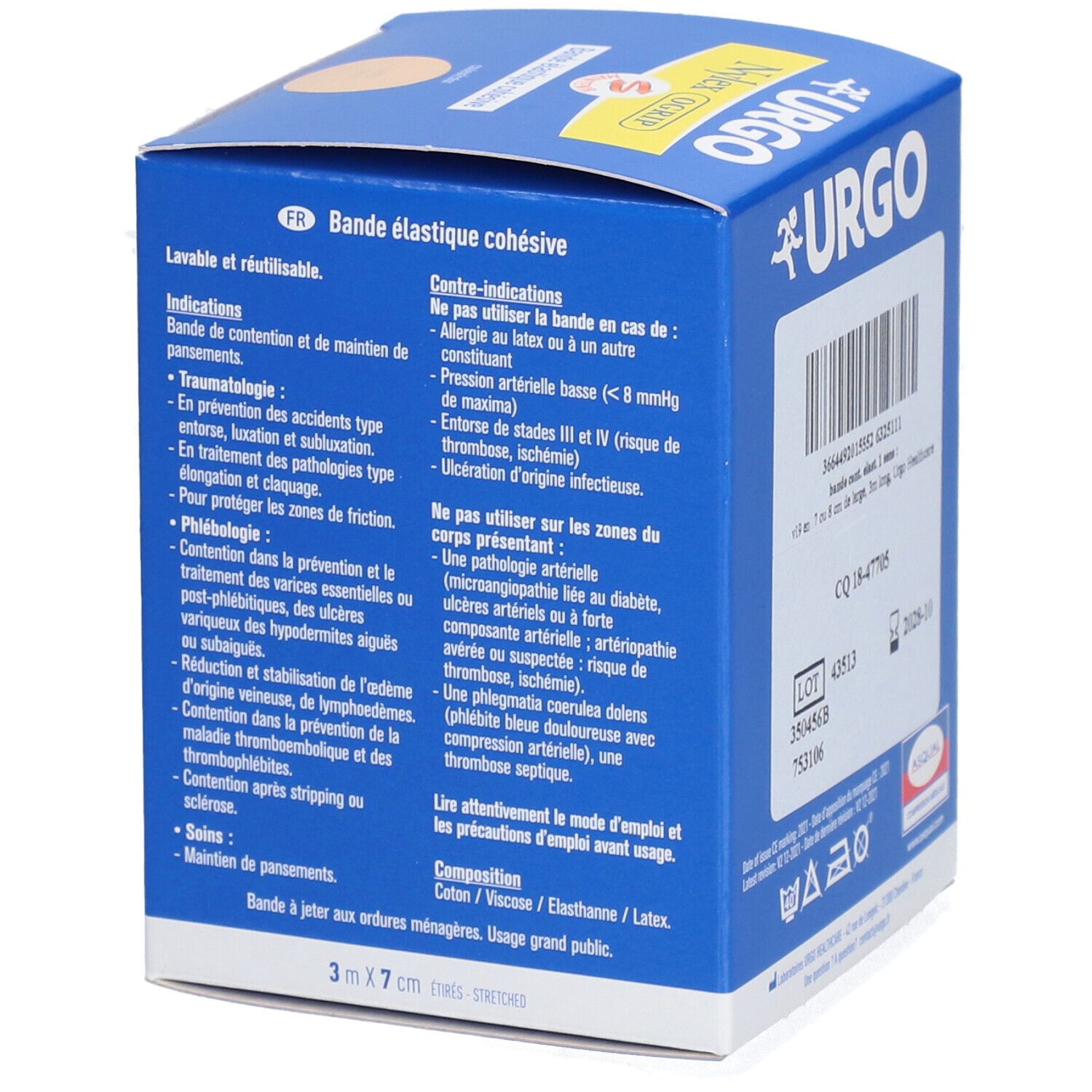 Boîte bleue avec texte. Inscription: URGO Nylex OGrip, bandage élastique. Contient des informations sur les indications et contre-indications.