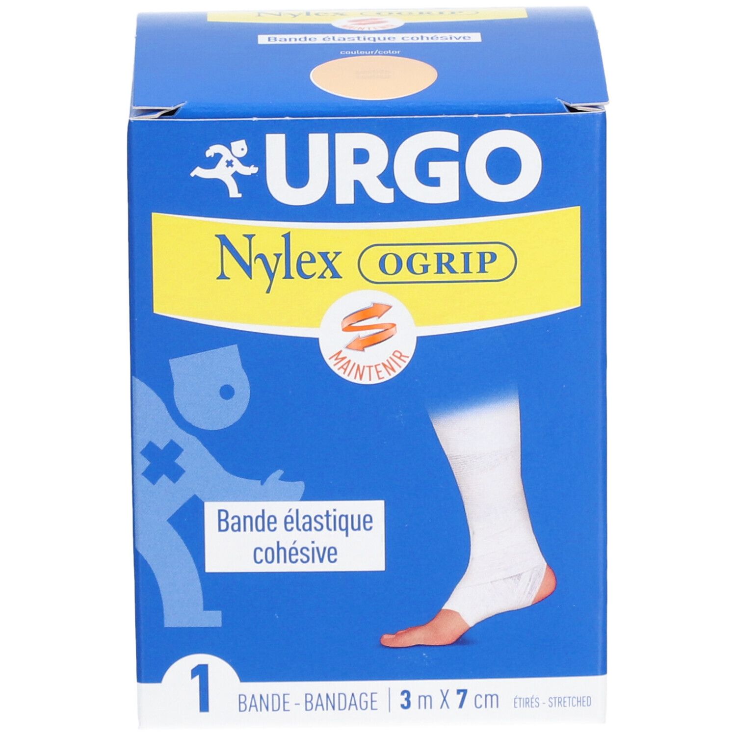 Boîte bleue et blanche. Inscription: URGO Nylex OGrip, bandage élastique cohésif, 3 m x 7 cm. Illustration d'un pied bandé.