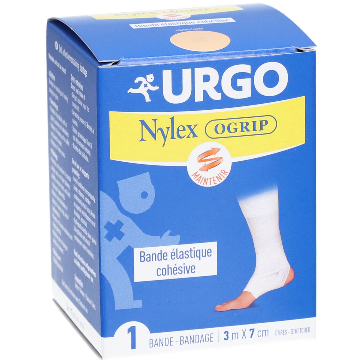 Boîte bleue et blanche. Inscription: URGO Nylex OGrip, bandage élastique cohésif, 3 m x 7 cm. Illustration d'un pied bandé.