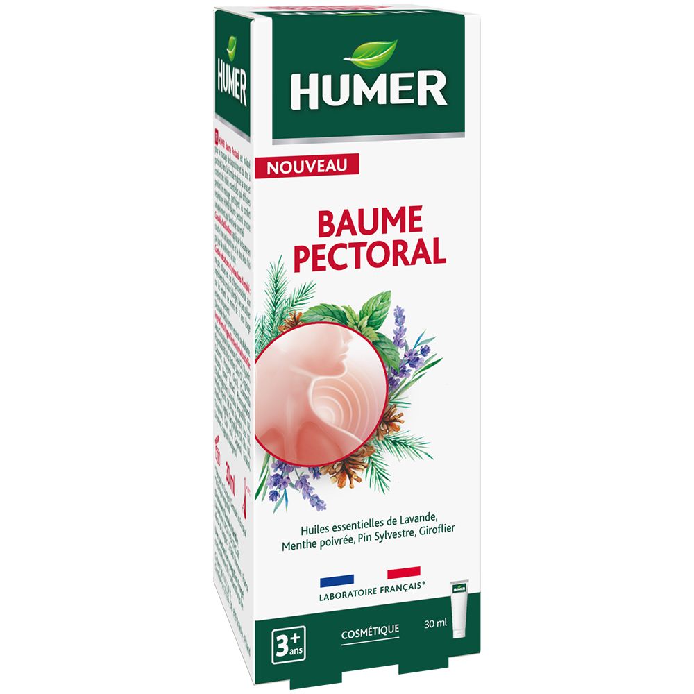 Boîte HUMER Baume Pectoral. Blanche, avec illustration, logo et texte. Contient des huiles essentielles.