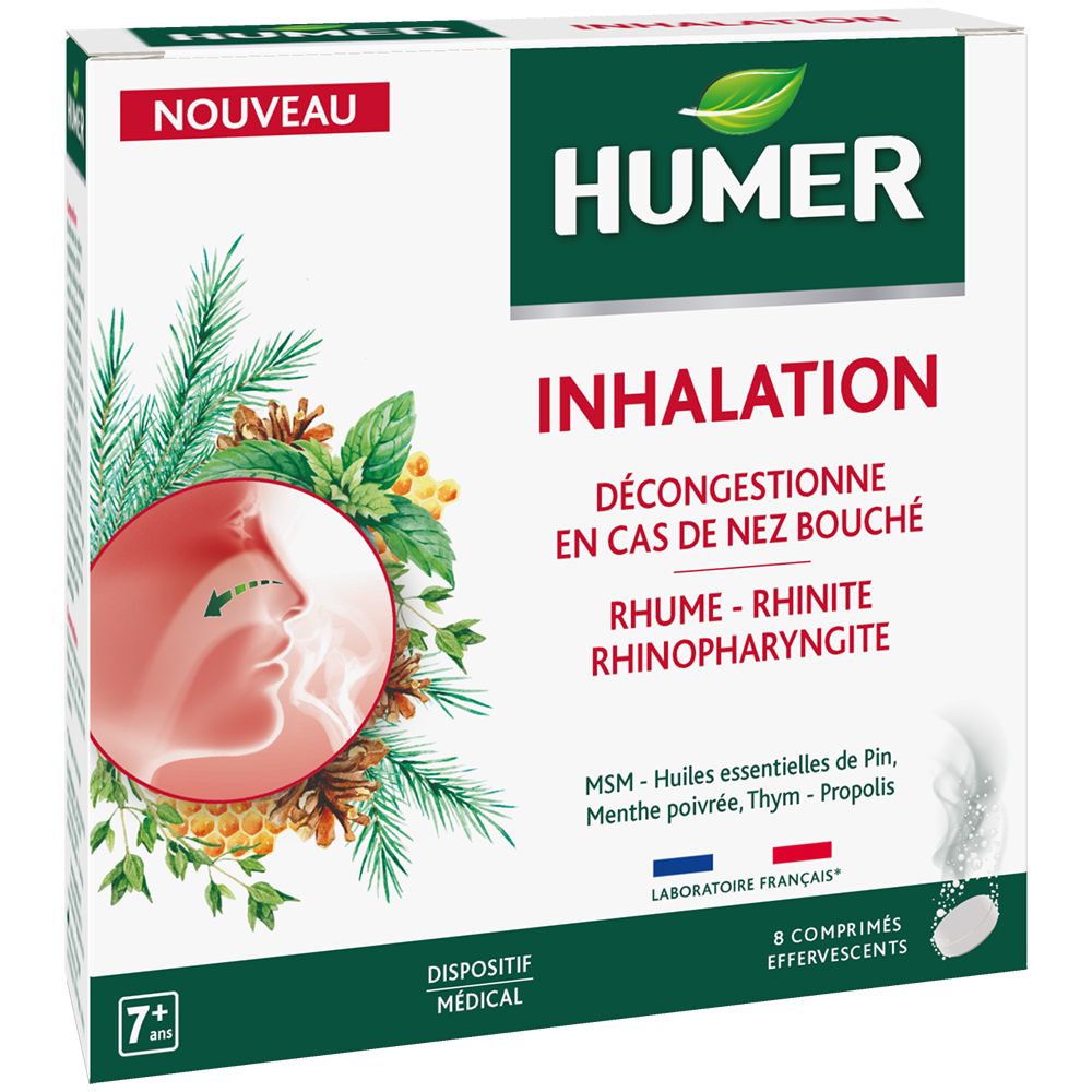 Boîte HUMER Inhalation. Inscription: Décongestionne en cas de nez bouché. 8 comprimés effervescents. Dispositif médical.