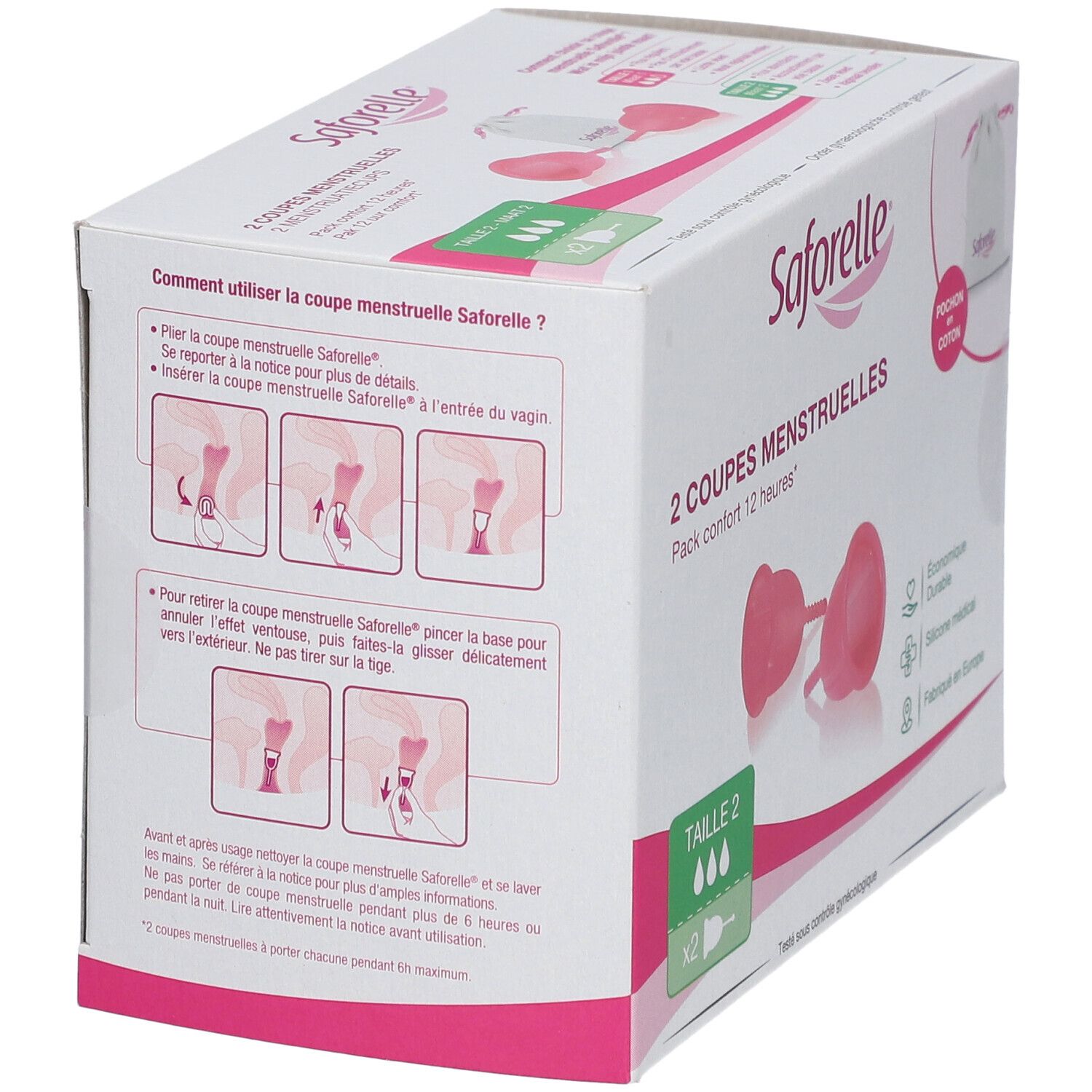 Verpackung mit Illustrationen zur Anwendung der Menstruationstasse. Marke Saforelle, Größe 2.