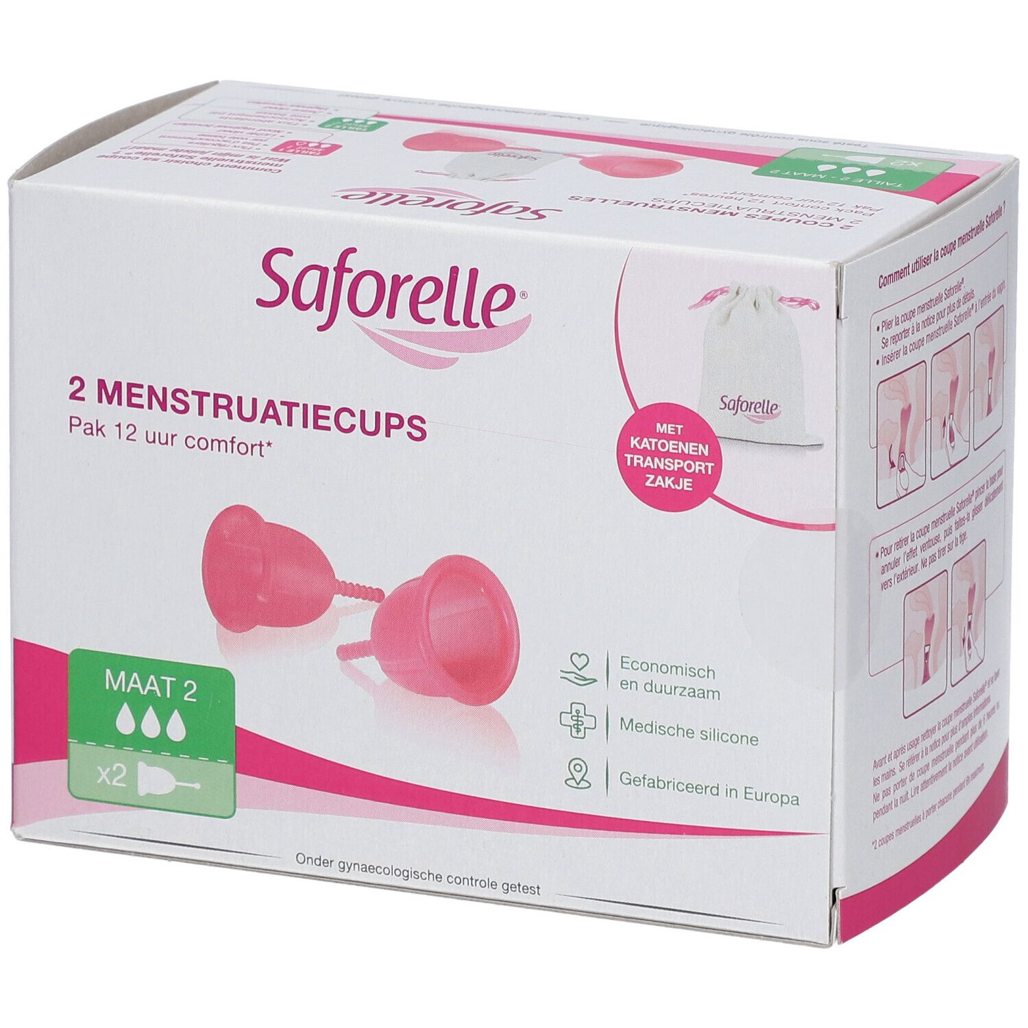 Verpackung mit zwei Menstruationstassen, Marke Saforelle, Größe 2. Inklusive Baumwollbeutel.
