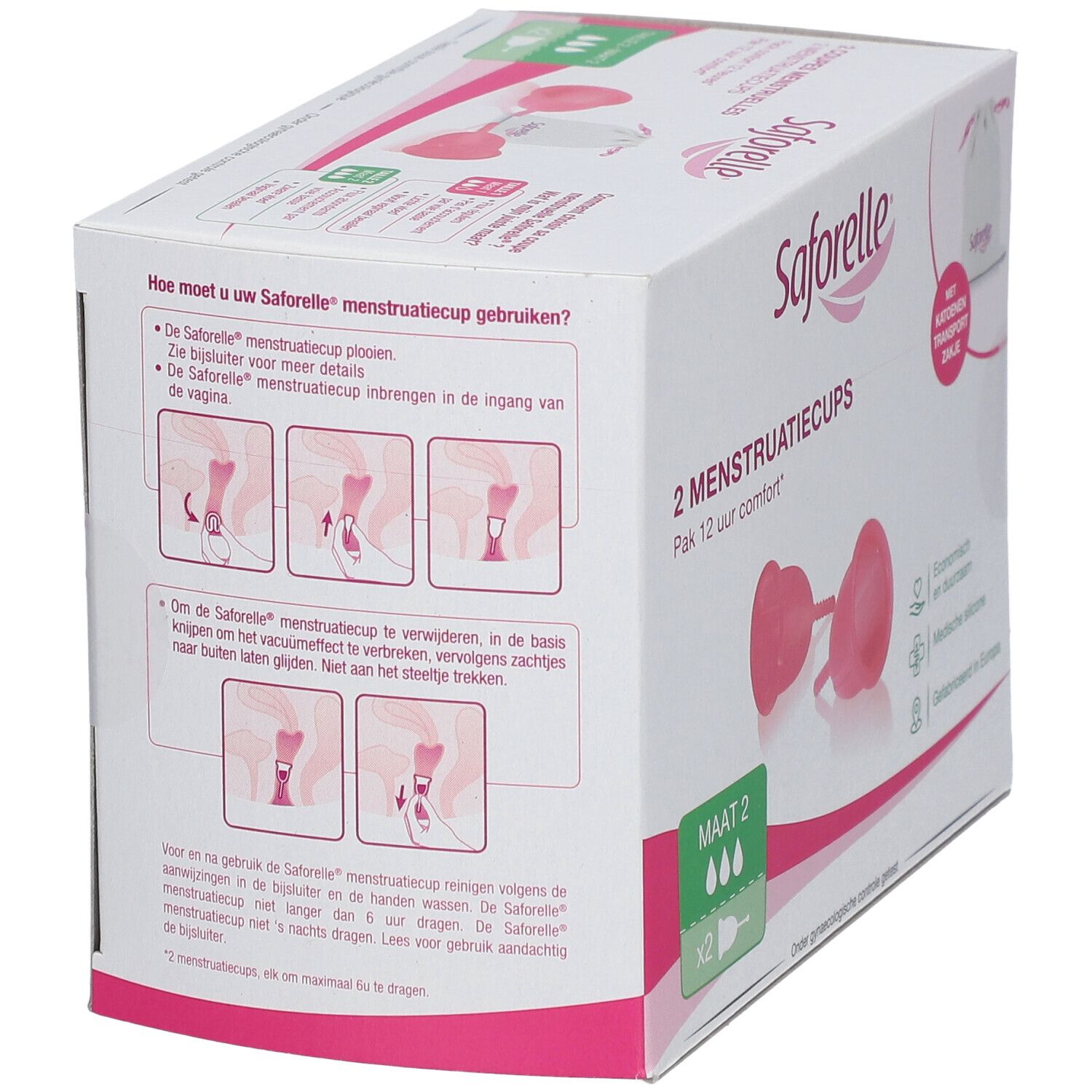 Verpackung mit Illustrationen zur Anwendung der Menstruationstasse. Marke Saforelle, Größe 2.