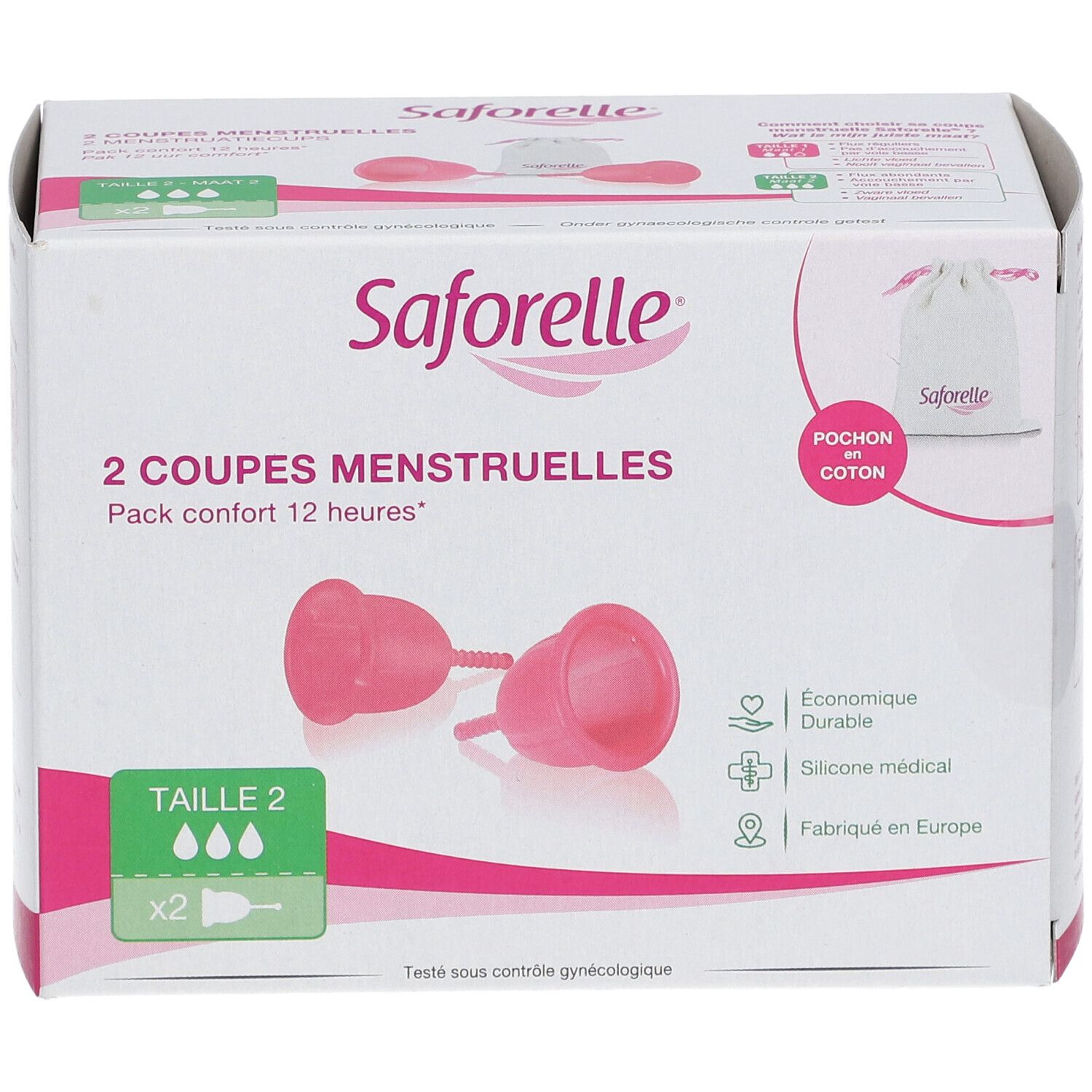 Verpackung mit zwei Menstruationstassen, Marke Saforelle, Größe 2. Inklusive Baumwollbeutel.