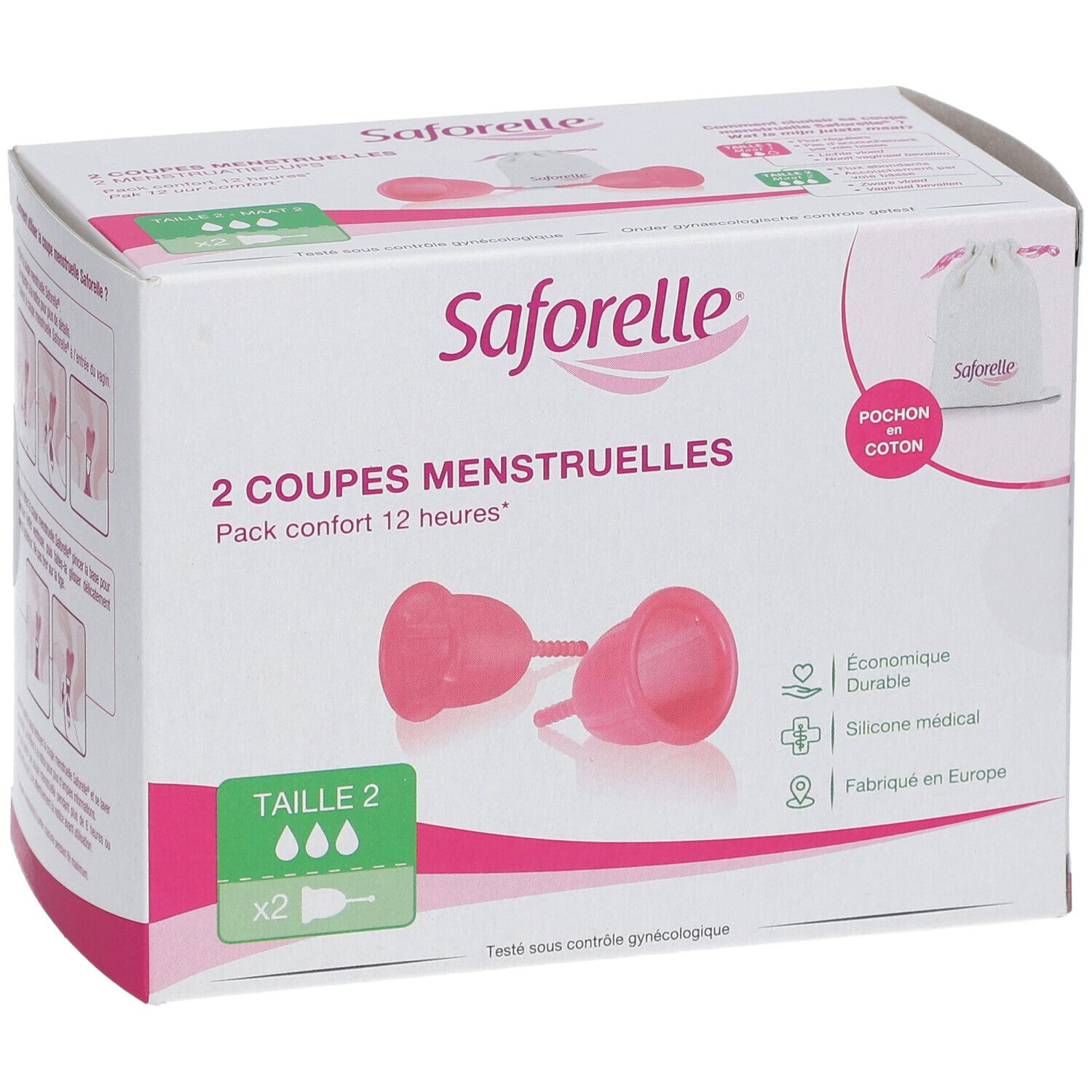 Verpackung mit zwei Menstruationstassen, Marke Saforelle, Größe 2. Inklusive Baumwollbeutel.