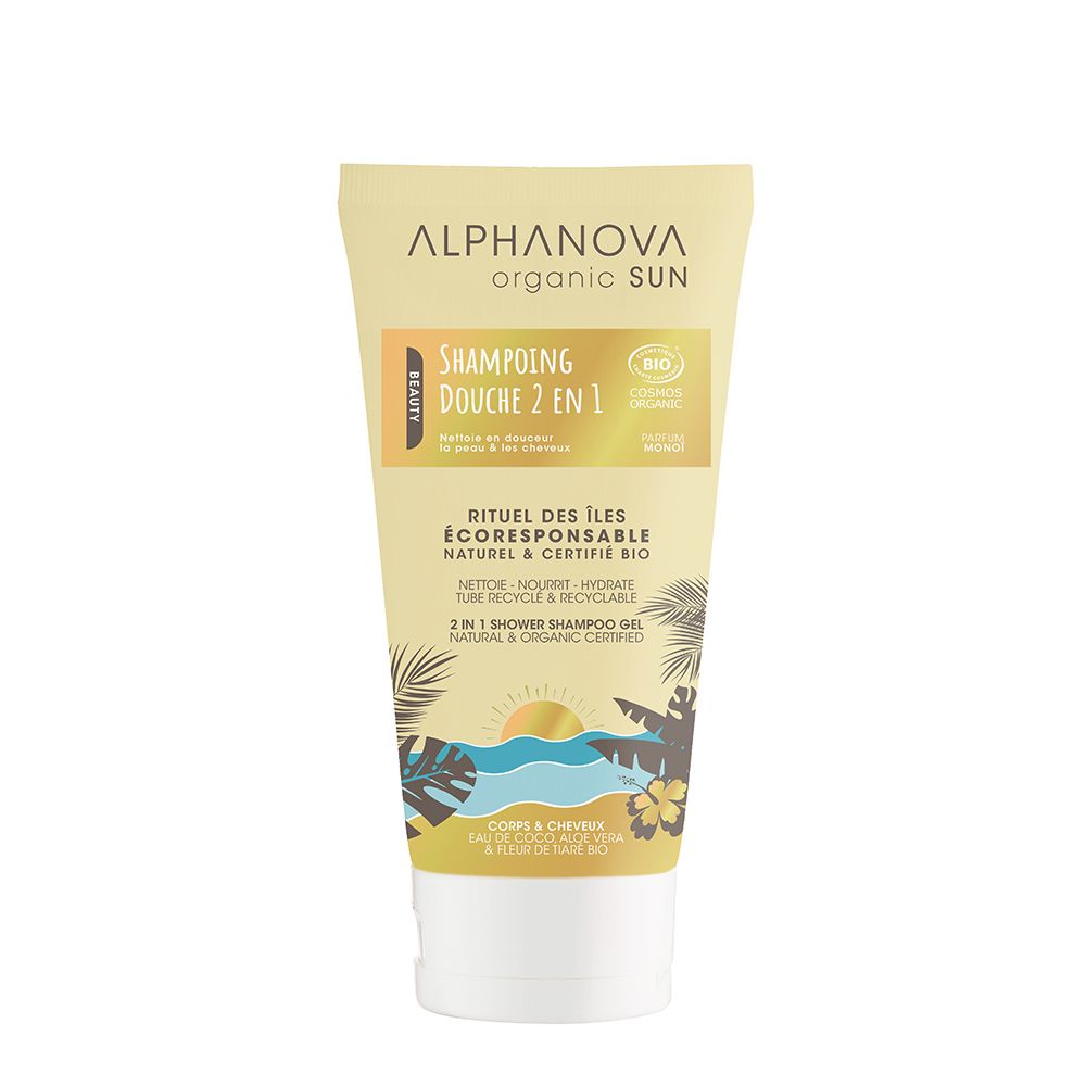 Tube beige avec étiquette jaune. Inscription: Alphanova, Shampooing Douche 2 en 1, certification bio. Illustration: motif plage.