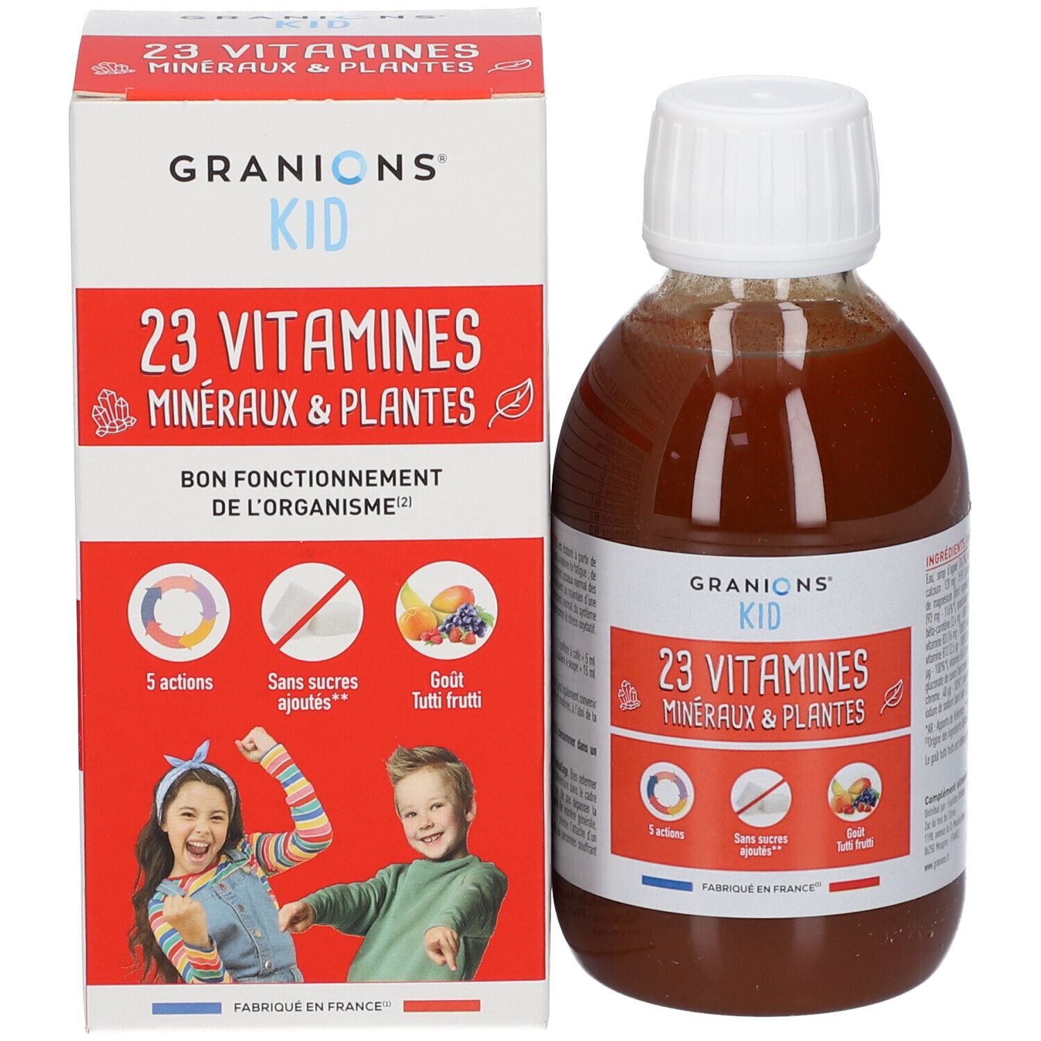 Emballage et flacon. Emballage avec GRANIONS® KID, 23 Vitamines, Minéraux & Plantes. Illustration enfants. Flacon de liquide brun.