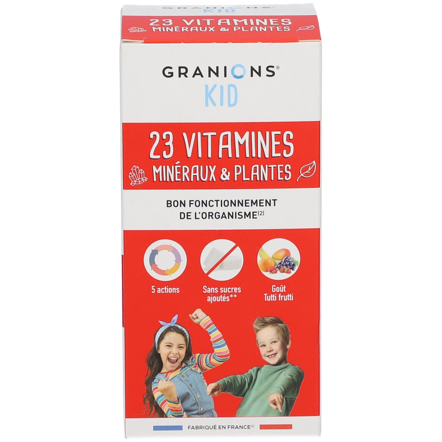 Emballage avec GRANIONS® KID, 23 Vitamines, Minéraux & Plantes. Illustration enfants. 5 actions, sans sucres ajoutés, goût Tutti frutti.