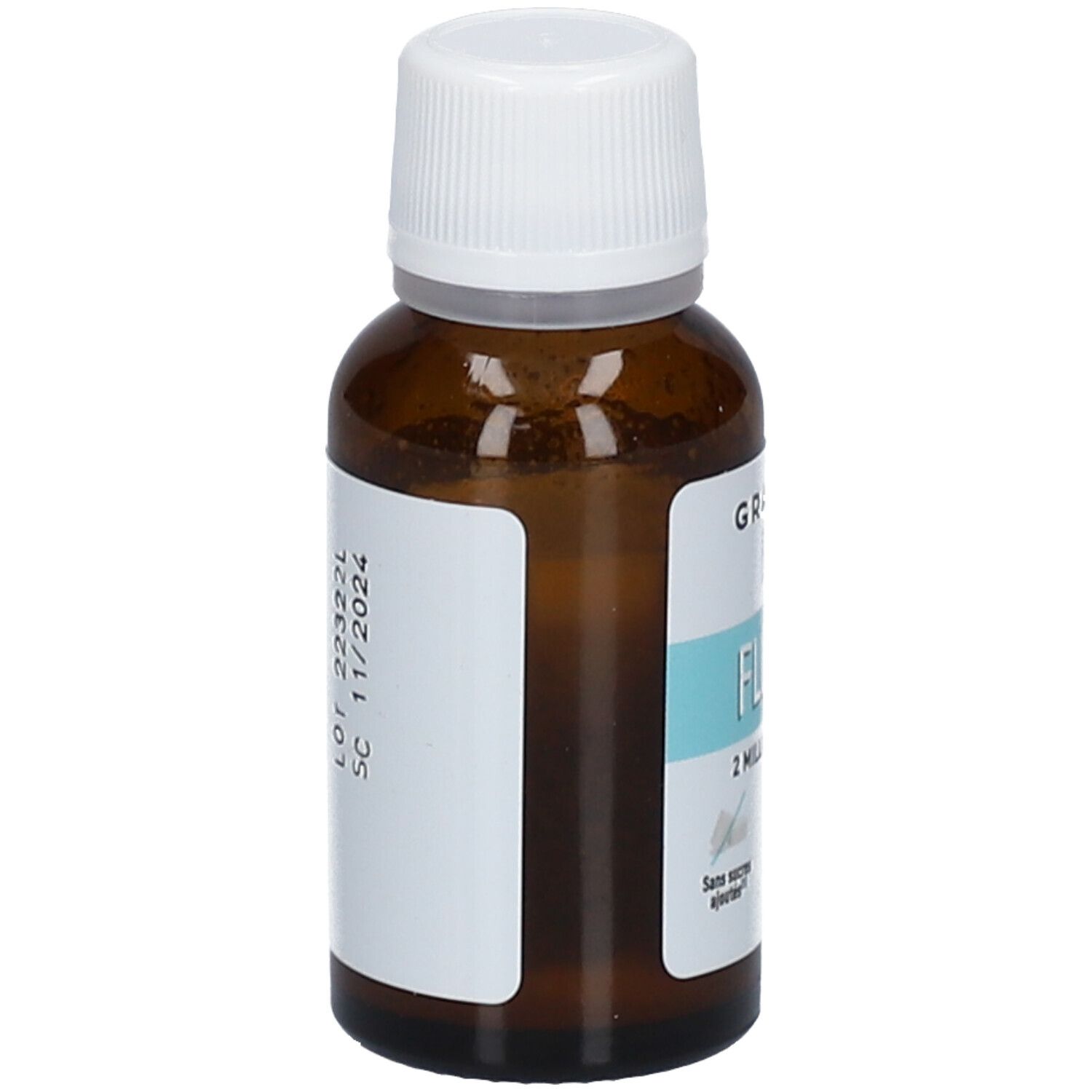 Flacon brun avec bouchon blanc. Étiquette avec informations produit. Numéro de lot et date d'expiration: 11/2024.