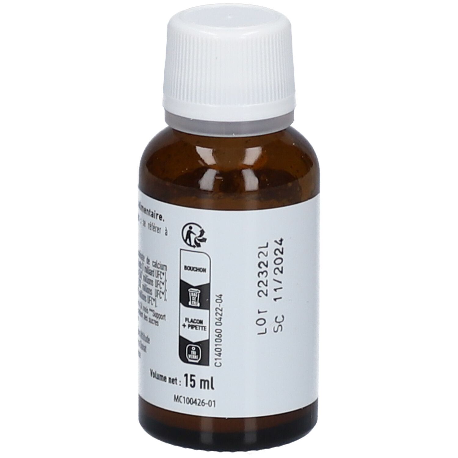 Flacon brun avec bouchon blanc. Étiquette avec informations produit. Volume: 15 ml. Numéro de lot et date d'expiration: 11/2024.