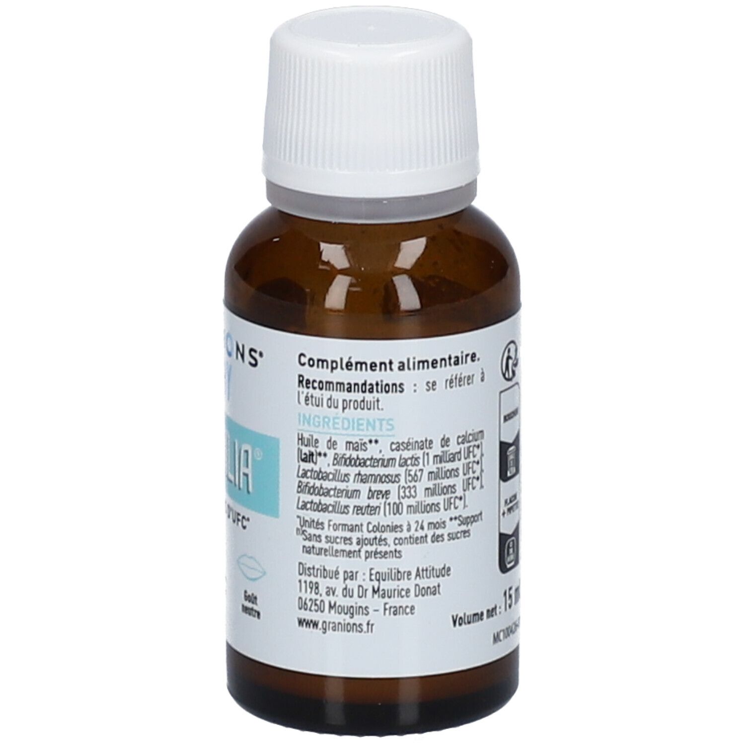 Flacon brun avec bouchon blanc. Étiquette avec ingrédients et informations produit. Volume: 15 ml.