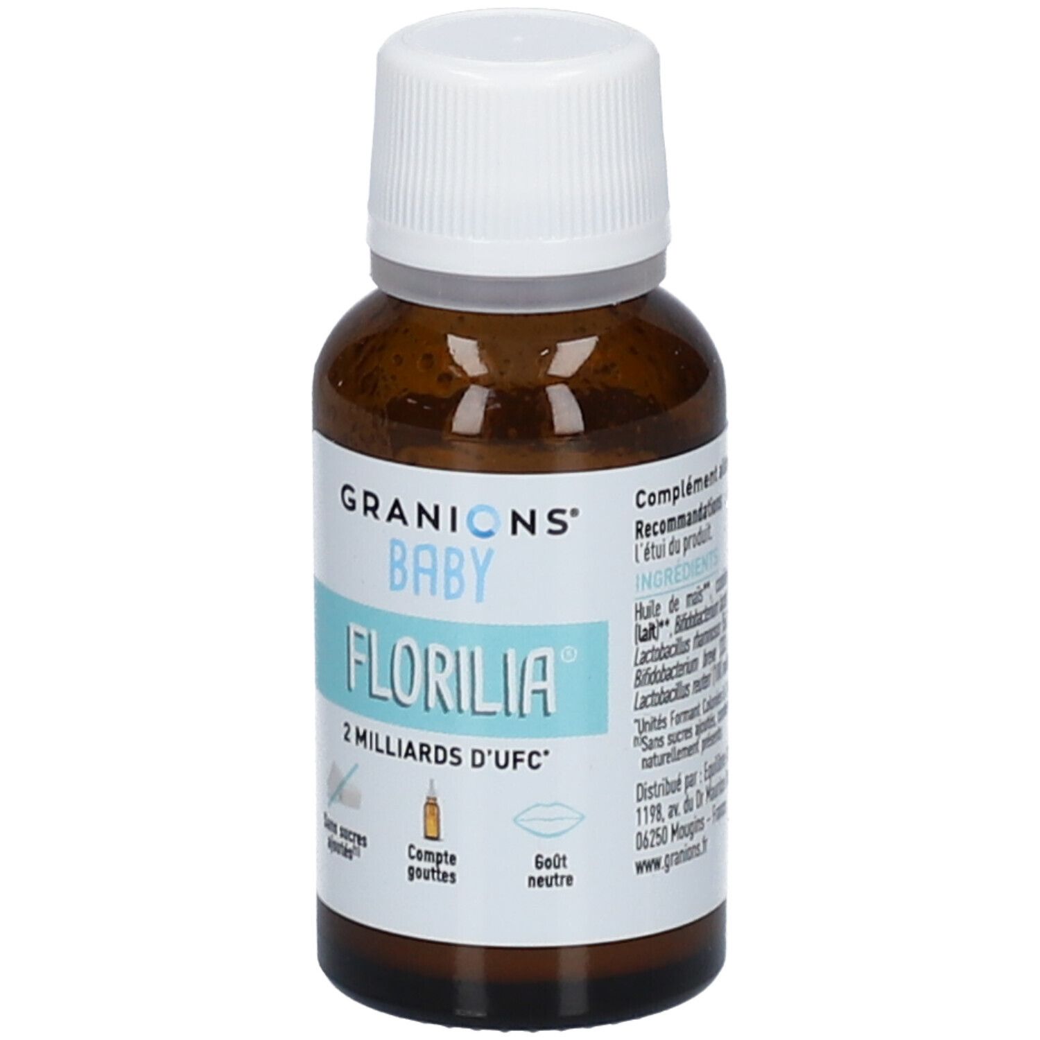Flacon brun avec bouchon blanc. Étiquette FLORILIA, BABY, 2 milliards d'UFC. Symbole compte-gouttes.