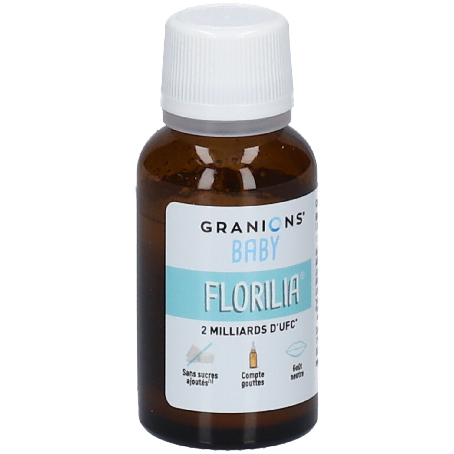 Flacon brun avec bouchon blanc. Étiquette FLORILIA, BABY, 2 milliards d'UFC. Symbole compte-gouttes.
