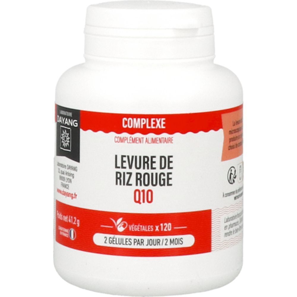 Flacon blanc avec étiquette rouge. Contient des gélules. Inscription: Levure de Riz Rouge Q10. Marque: Dayang.
