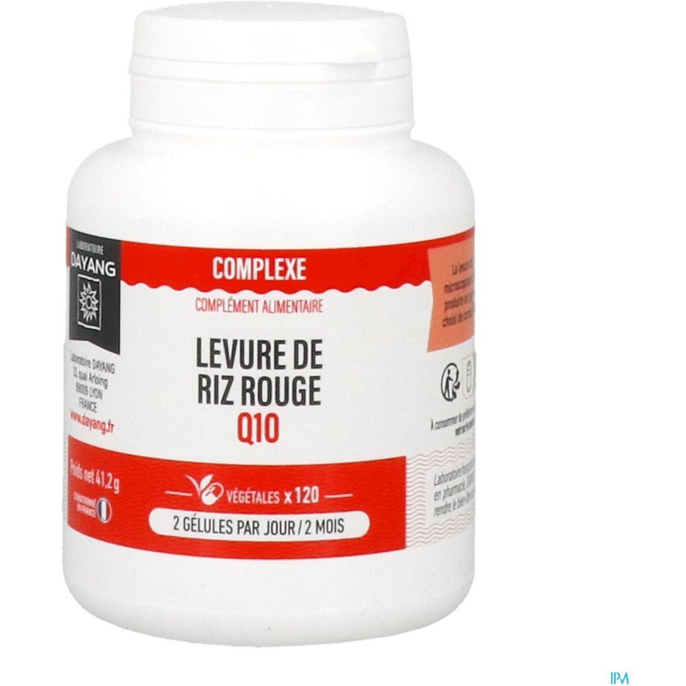 Flacon blanc avec étiquette rouge. Contient des gélules. Inscription: Levure de Riz Rouge Q10. Marque: Dayang.