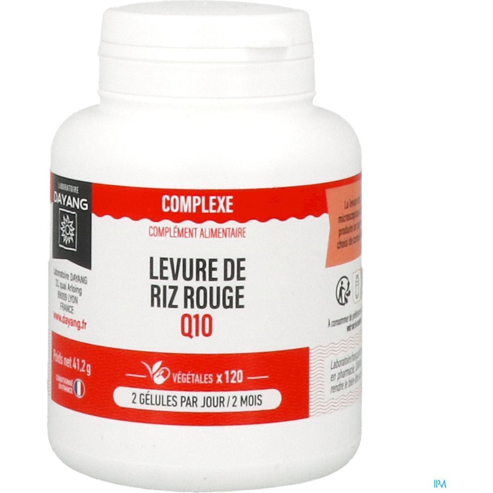 Flacon blanc avec étiquette rouge. Contient des gélules. Inscription: Levure de Riz Rouge Q10. Marque: Dayang.