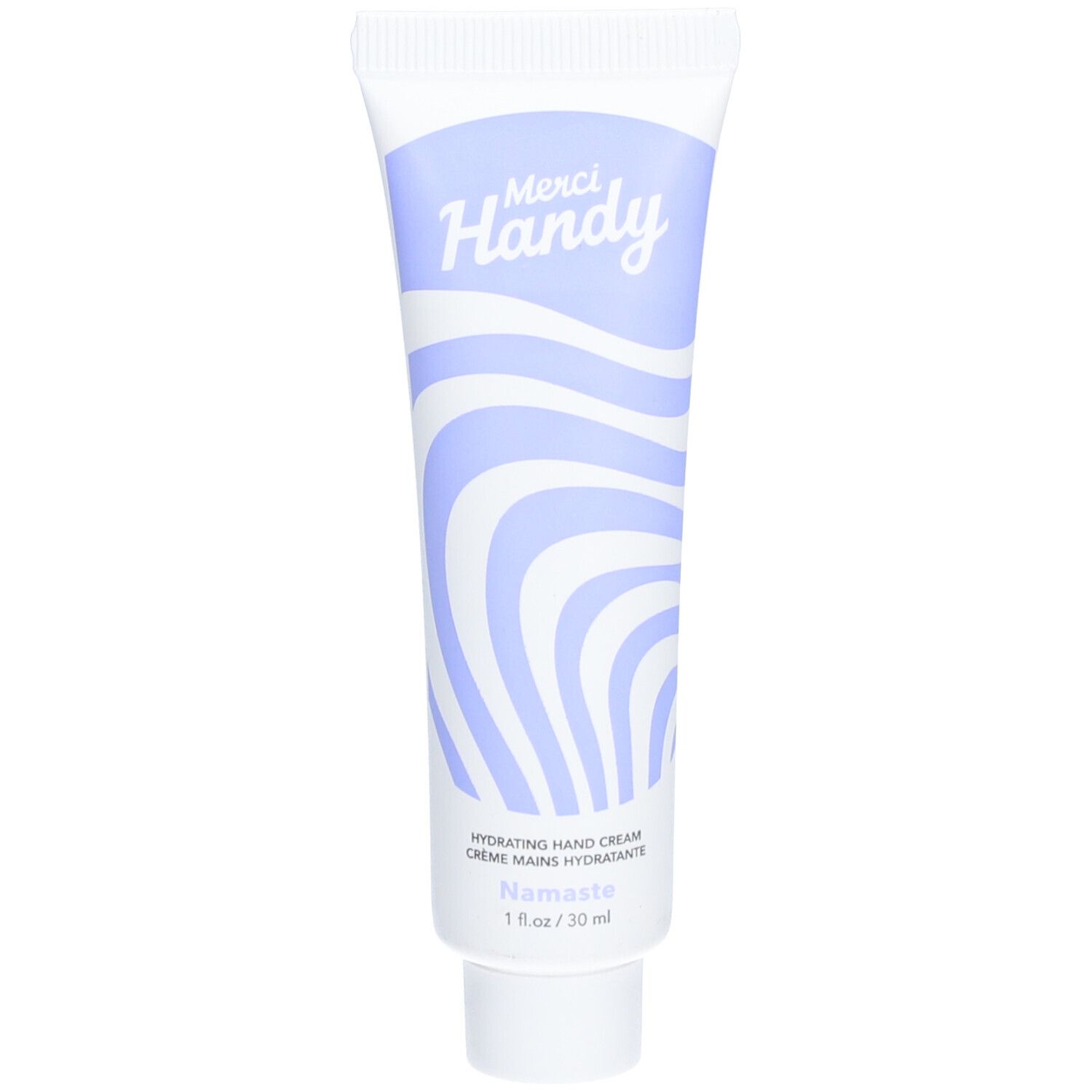 Handcreme-Tube mit blau-weißem Design. Oben steht "Merci Handy", darunter "Namaste".